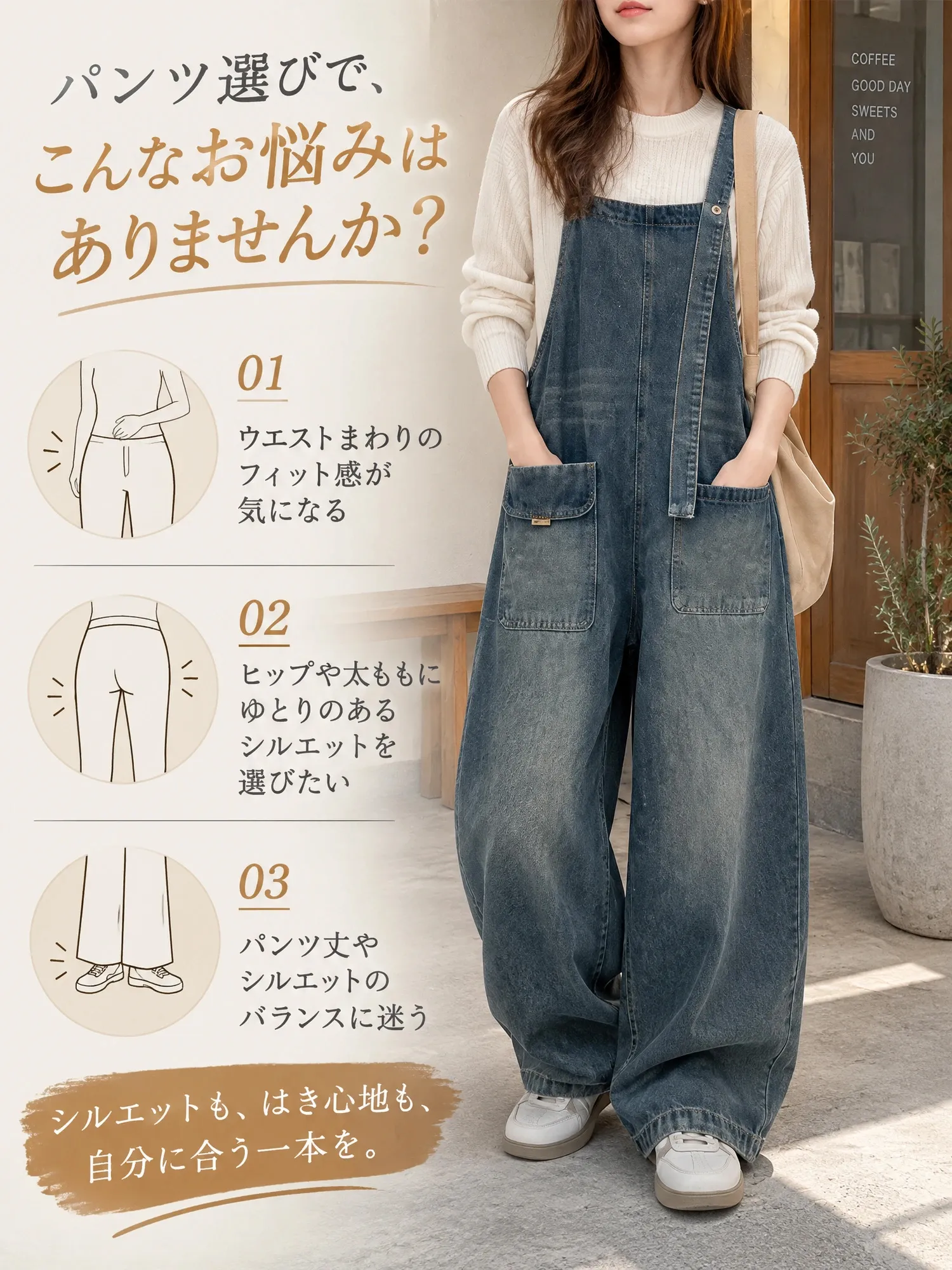 【レディース デニムサロペット アシンメトリーショルダー ワイドパンツ ポケット付き 】