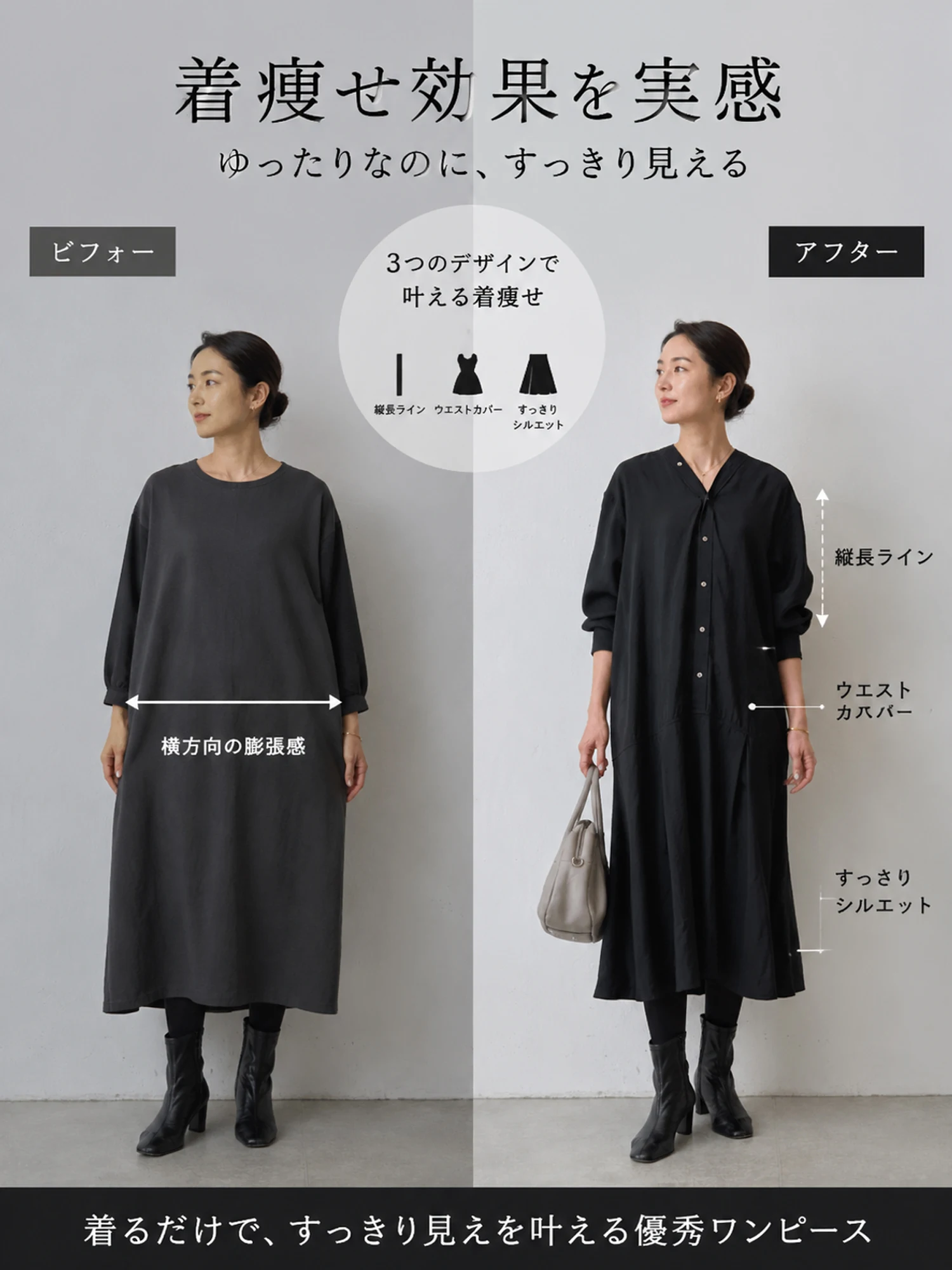 【ゆったり着やせ見え ミモレ丈Vネックワンピース】 バックプリーツデザインで後ろ姿もすっきり。 フロントボタンの縦ラインで、すらっと細見えを叶えます。