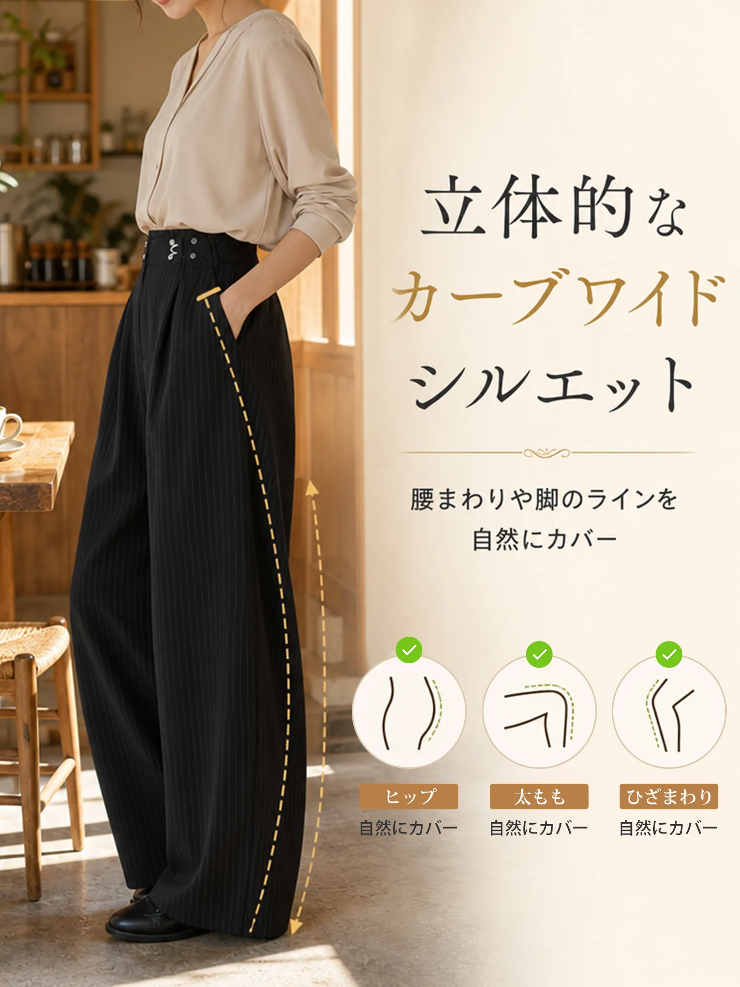 【上品リュクス メタルバックル付き タック入りストライプスラックス 】 メタルバックルがウエストを美しくマーク。