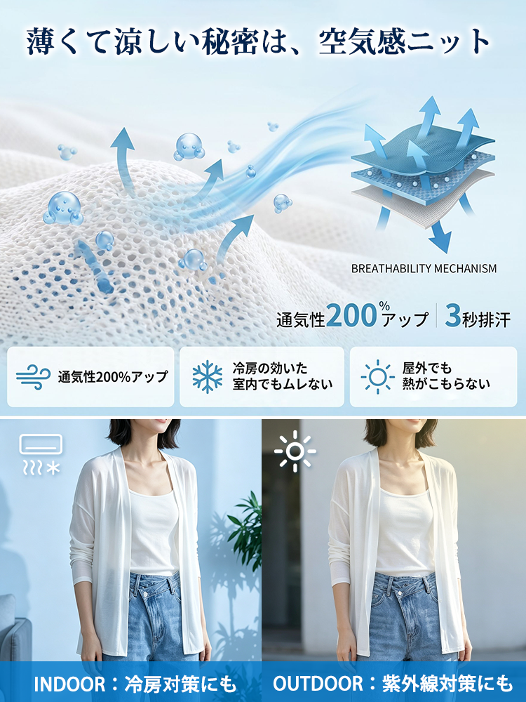 【テンセル×リネン UVカーディガン】 軽やかで通気性のあるエアリーニットが、二の腕や腰・ヒップのラインを美しくカバー。オフィスから日常まで、一枚で様になる見えやせアイテム。