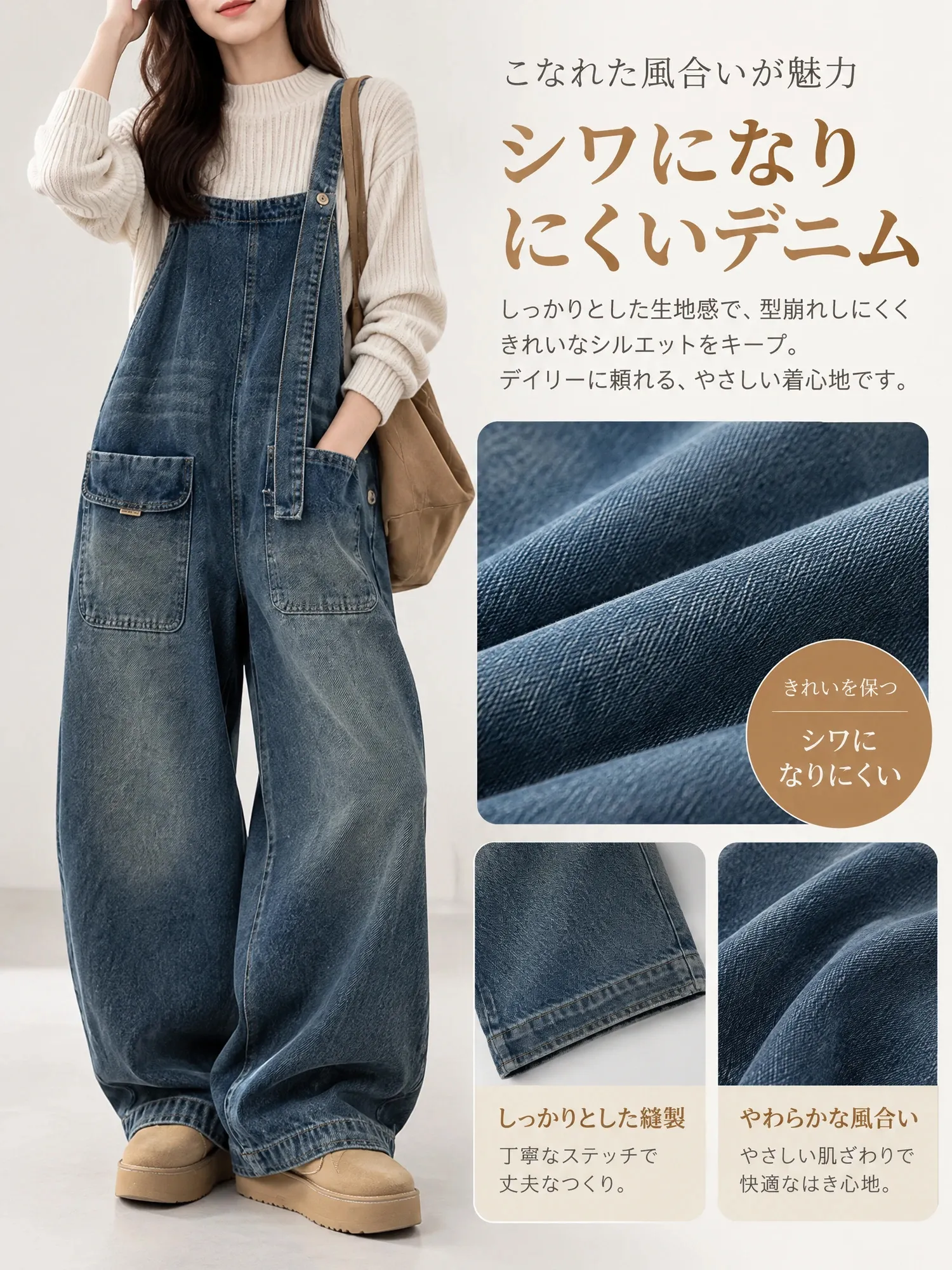 【レディース デニムサロペット アシンメトリーショルダー ワイドパンツ ポケット付き 】