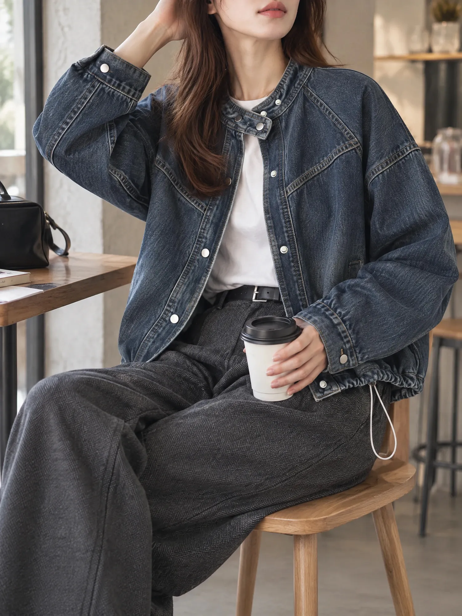 SOSOVE‐アメカジ ヴィンテージ スタンドカラー ワークデザイン ドローストリング付き デニムジャケット