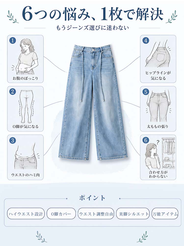 【ウエストドローコードストレートワイドジーンズ】ウエストから垂れる2本の細いストラップ：視線をそらし、お腹を目立たなくします。「クラシックハイウエスト設計」と組み合わせることで、胃もとから下腹部の脂肪をムラなくフラットに包み込み、引き上げます。