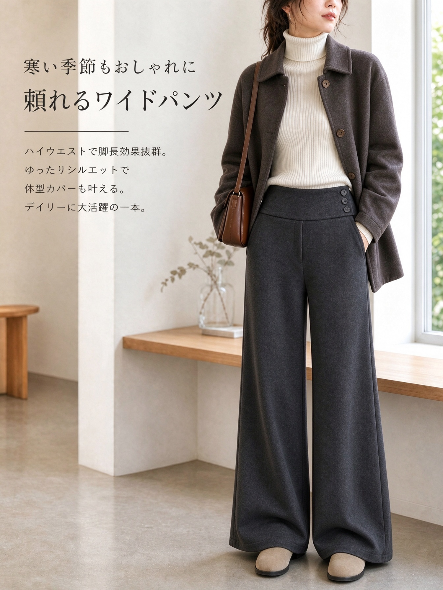 【ウールライクな落ち感ワイドスラックス · サイドボタン付きロング丈】斜めに切り替えたハイウエストで、腰まわりをすっきり