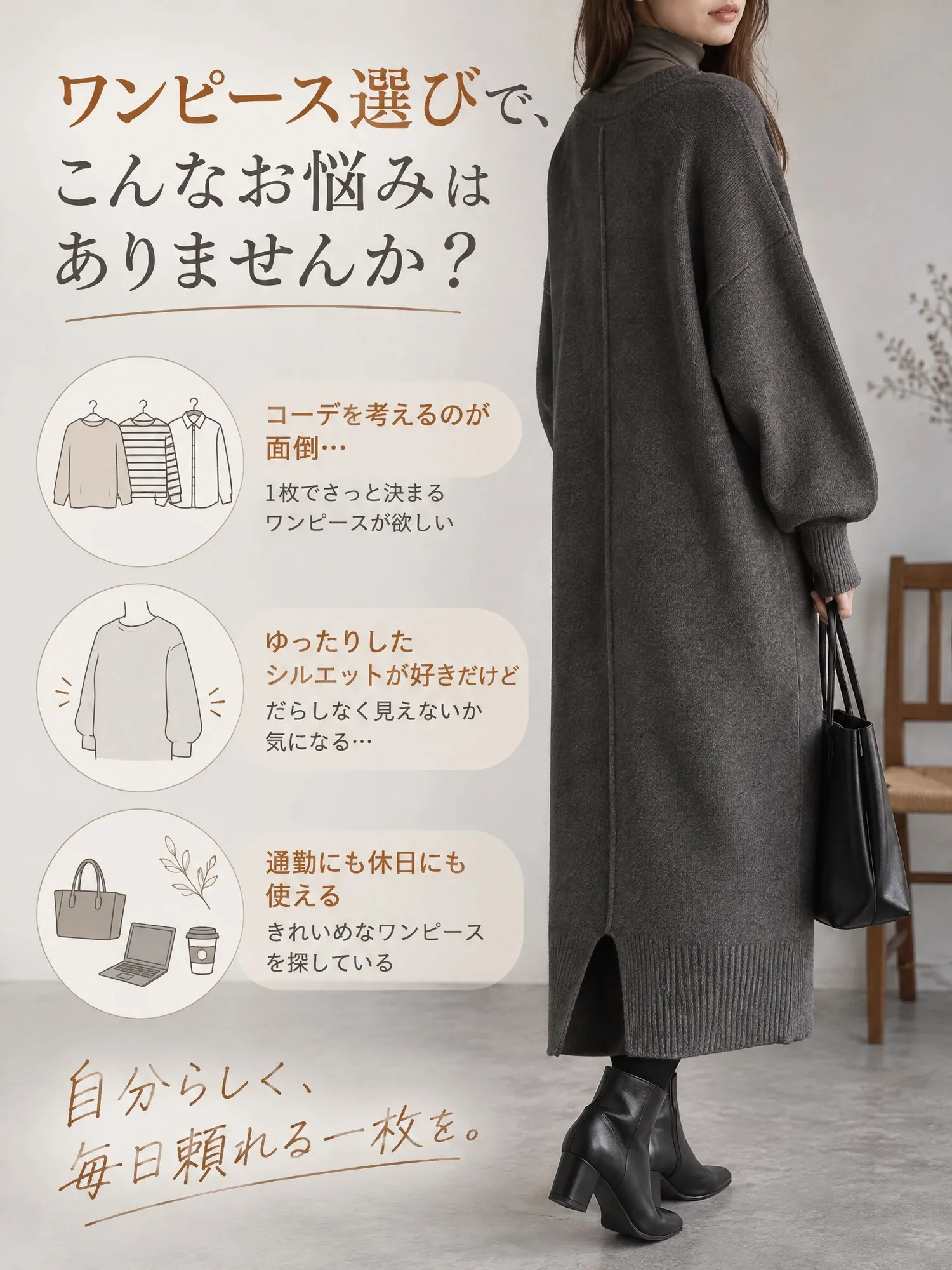 【レディース Vネック 長袖 ロングニットワンピース スリット入り 秋冬】