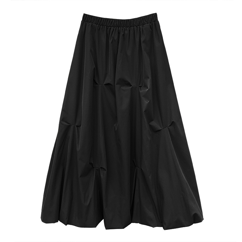【タック入りコクーンシルエット・シンプルで上品なロング丈ボリュームスカート】