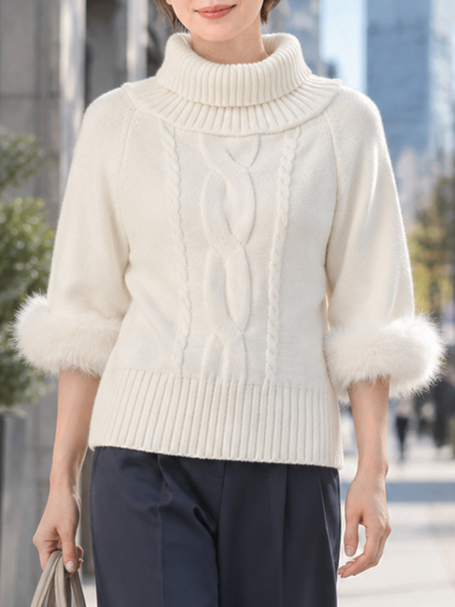 【ニュアンス漂う ファー切替 ワイドハイネック コンパクトニット】