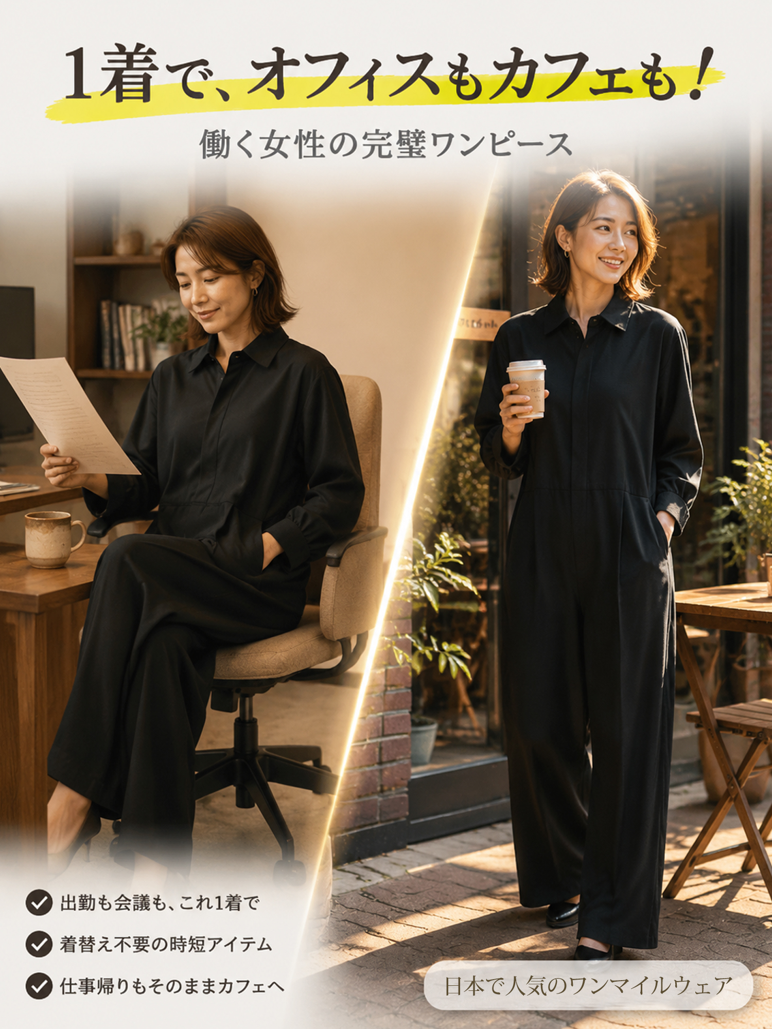 【ヴィンテージ風ポケット付きワークテイストオールインワン】デザインの着想は、「体型カバーをリラックス感の中に自然に取り入れること」。