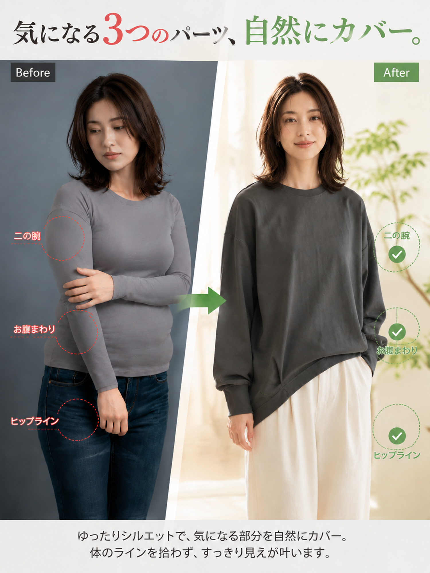 【クルーネック無地ラウンドヘムトップス】 前は脚長見え、後ろはヒップカバー。着るほどに抜け感が増す、秋のゆったりトップス