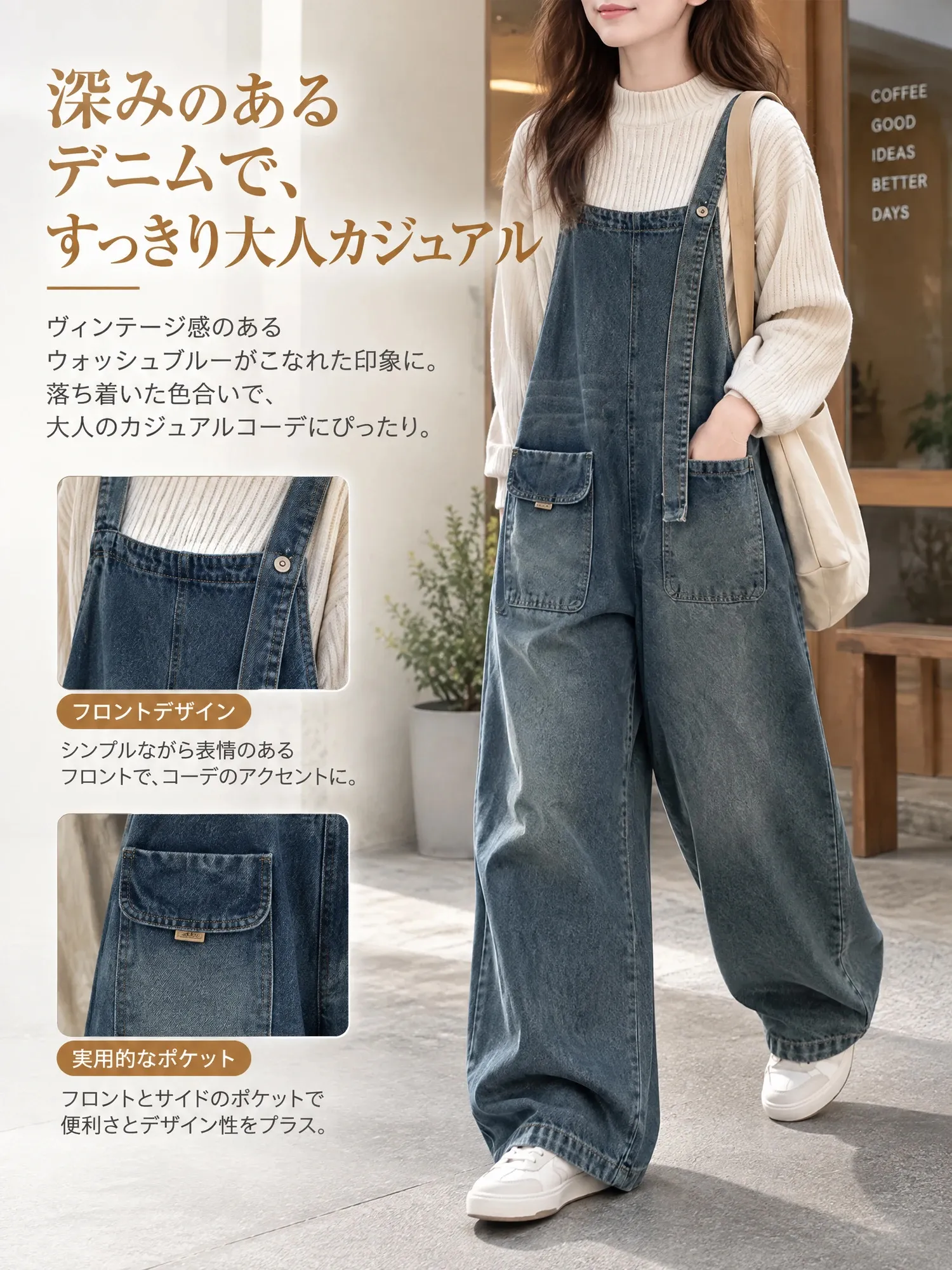 【レディース デニムサロペット アシンメトリーショルダー ワイドパンツ ポケット付き 】