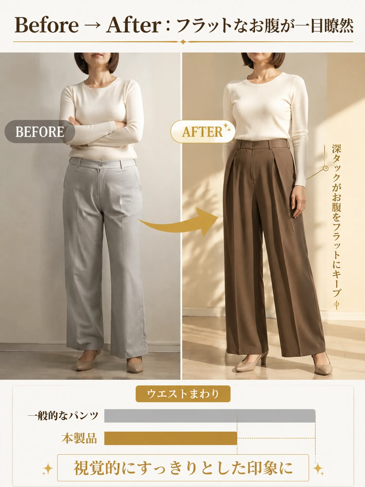 【ダレ感プリーツゆとりワイドパンツ】スーツの高さをキープする「インタック」を採用し、お腹を押さえて少し突き出し、骨盤を横に広げるようにしました。