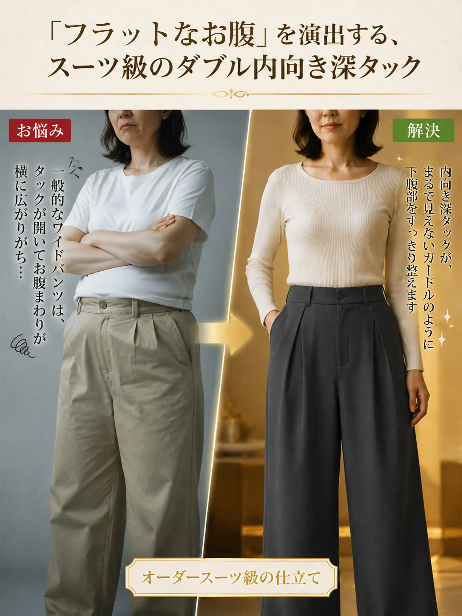 【ダレ感プリーツゆとりワイドパンツ】スーツの高さをキープする「インタック」を採用し、お腹を押さえて少し突き出し、骨盤を横に広げるようにしました。