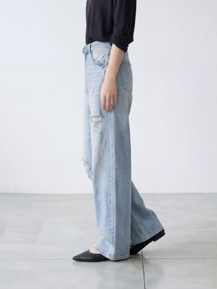 【ヴィンテージウォッシュ デニムワイドパンツ】 ウォッシュ加工＆ダメージ ゆったりシルエット すっきり見え