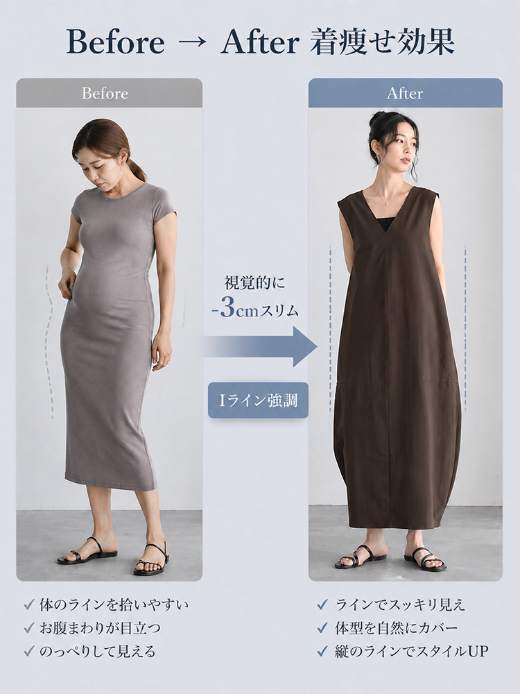 【シンプルノースリーブミディワンピース】コクーンシルエット、ゆったりVネックでスタイルアップ-sosove