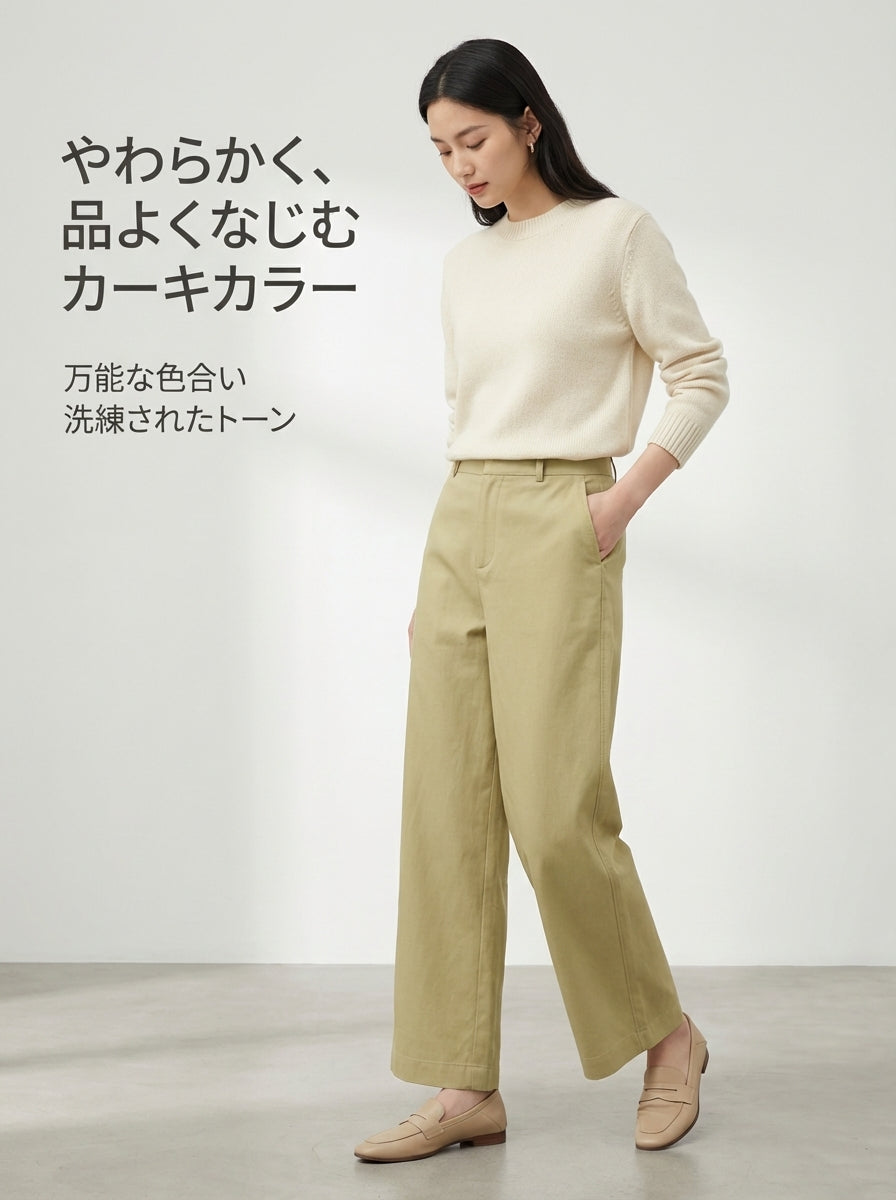 【ヴィンテージ クロップドストレートパンツ】ハイウエスト・バックポケットフラップ付き。軽やかな素材でスタイルアップ、通勤にも上品さをプラス
