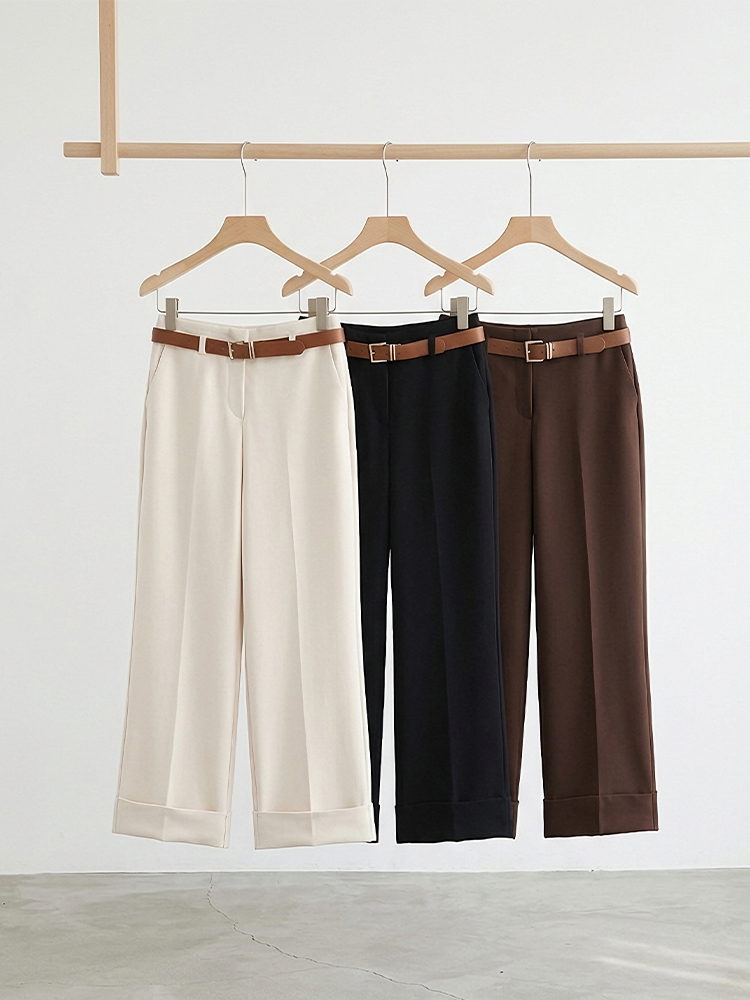【ベルト付き、テーラードワイドパンツ】ハイウエスト、ベルト付き。細見えシルエット、脚長補正効果抜群、通勤にも万能。