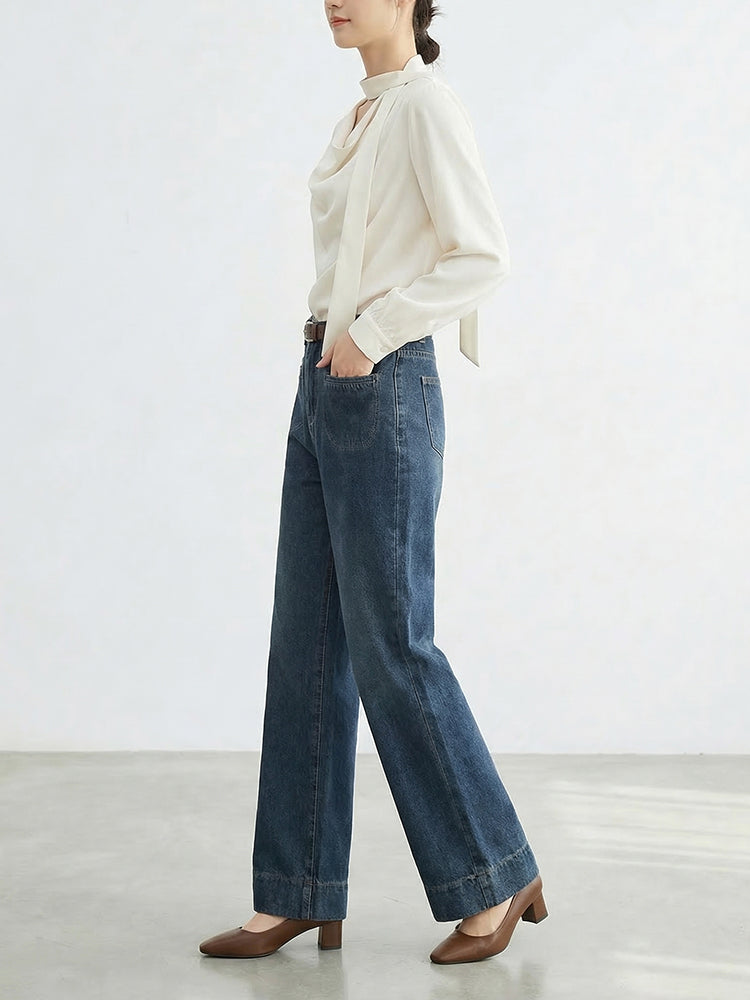 【ハイウエストスリムストレートデニムパンツ】 ハイウエストデザインで低身長さんに最適、 スラッと脚長効果でスタイルアップ"