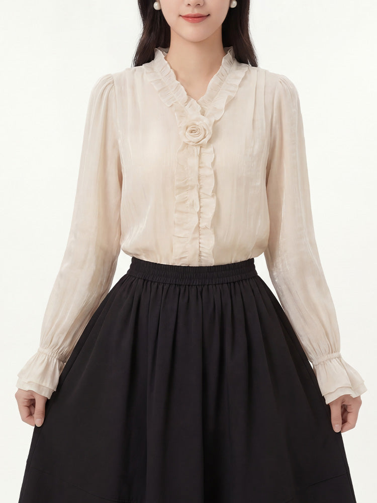 【フレンチシャツ】フリル & 立体フラワーで優しい雰囲気、薄手で通気性抜群、軽やかな着心地