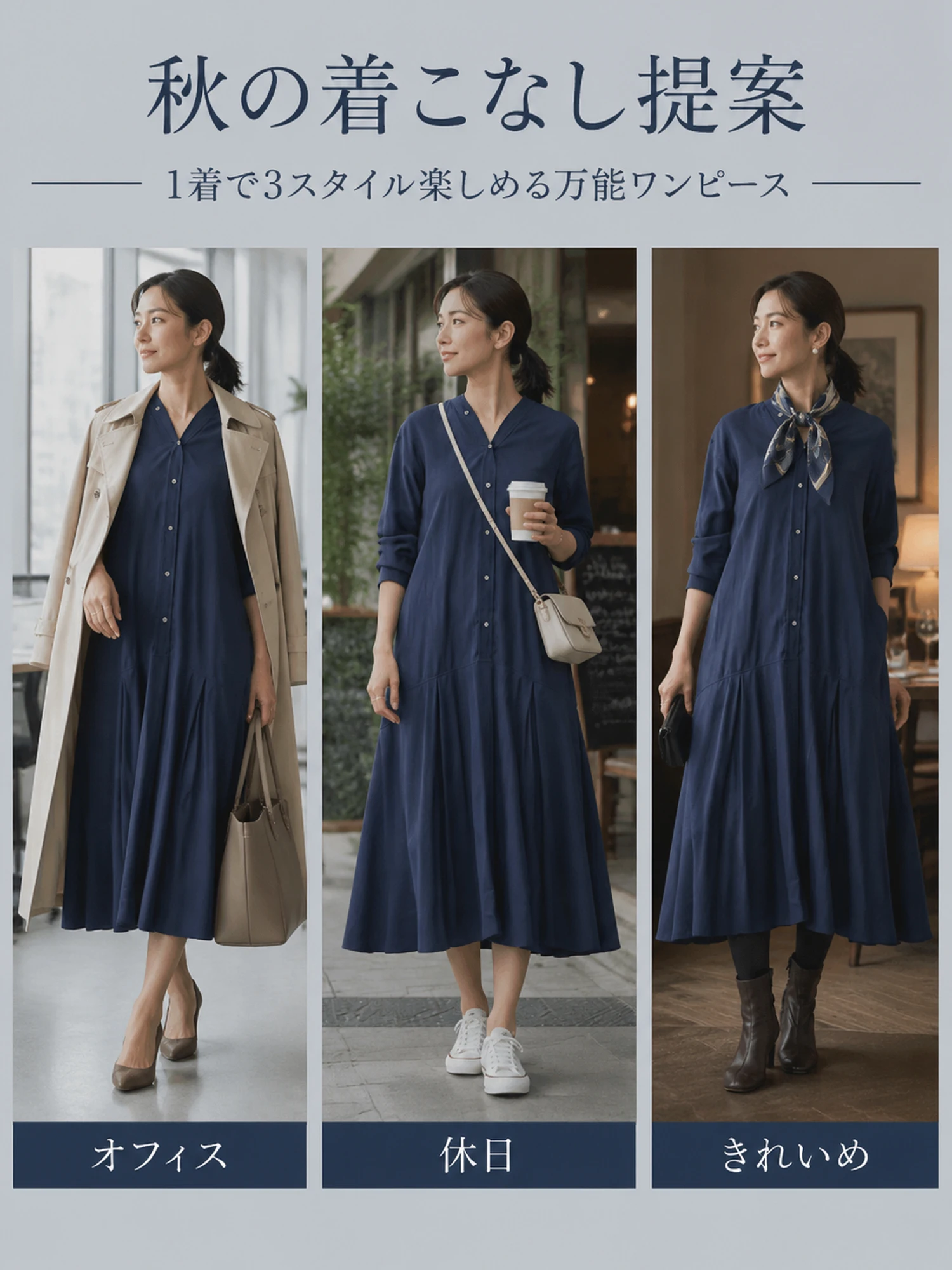 【ゆったり着やせ見え ミモレ丈Vネックワンピース】 バックプリーツデザインで後ろ姿もすっきり。 フロントボタンの縦ラインで、すらっと細見えを叶えます。
