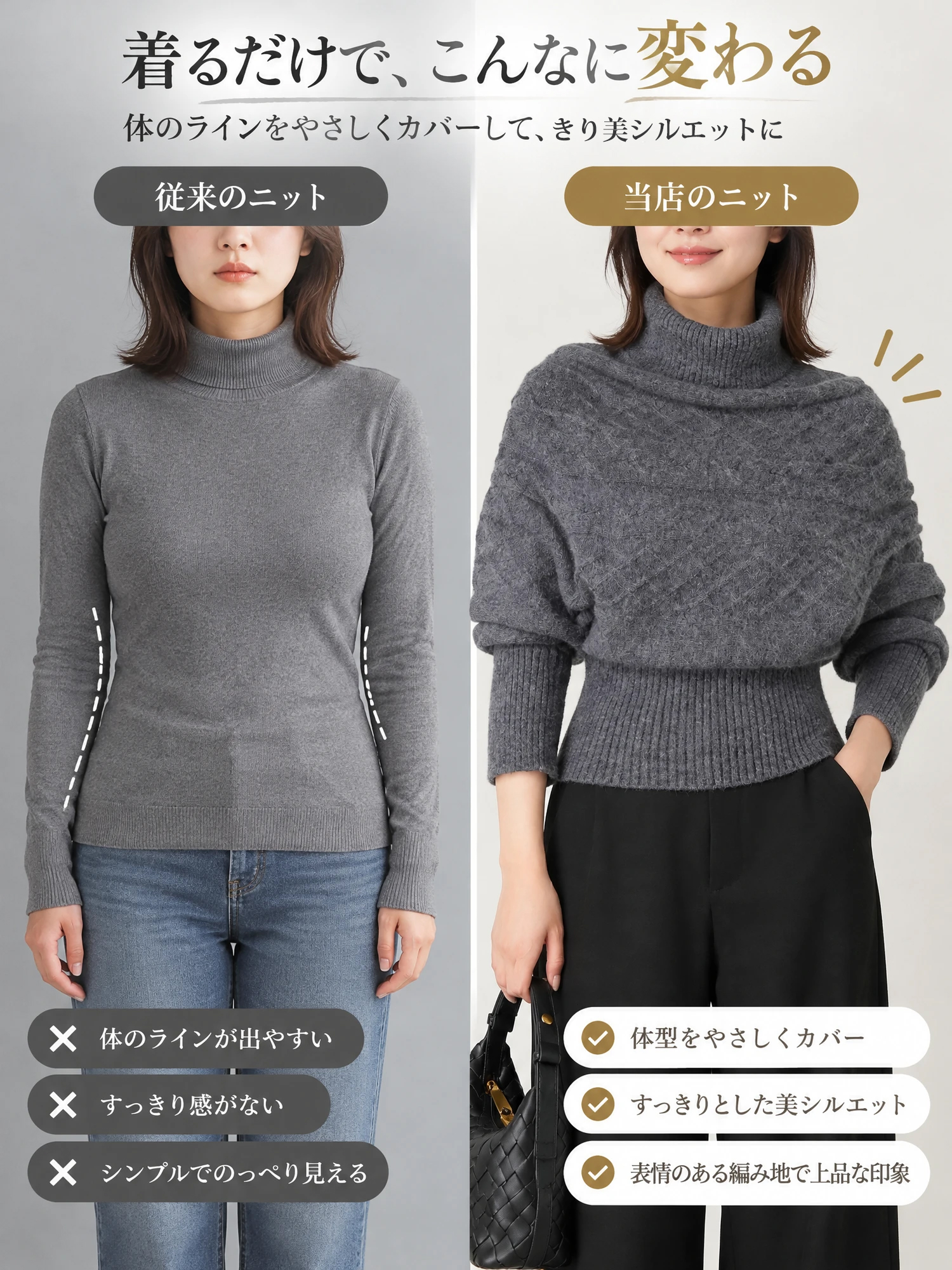【レトロなハイネックの厚手ドルマンニット】