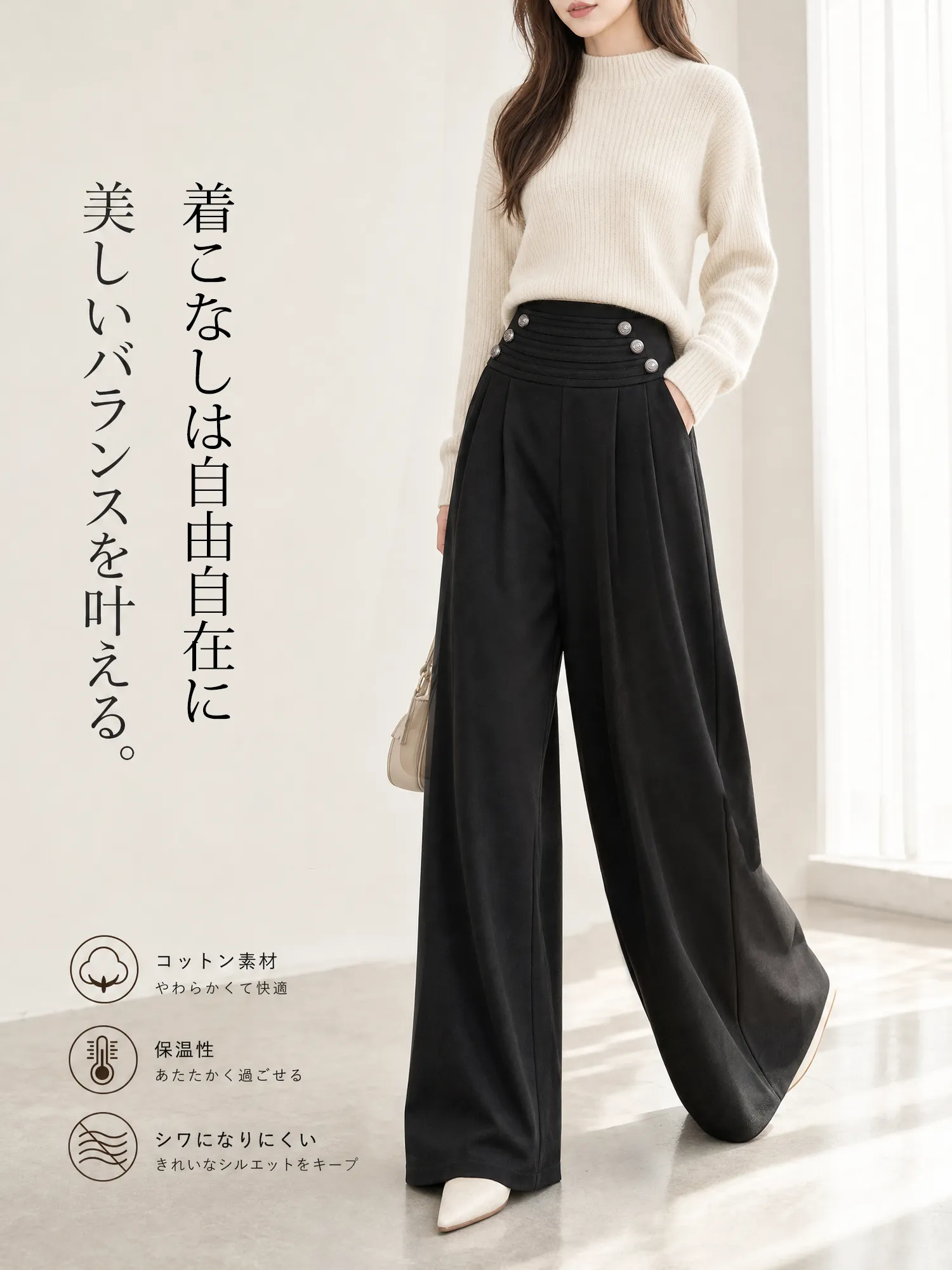 【ゆったり美脚 フレンチナポレオン風ボタン付きワイドパンツ】ハイウエストデザインとゆったりとしたワイドシルエットの組み合わせ