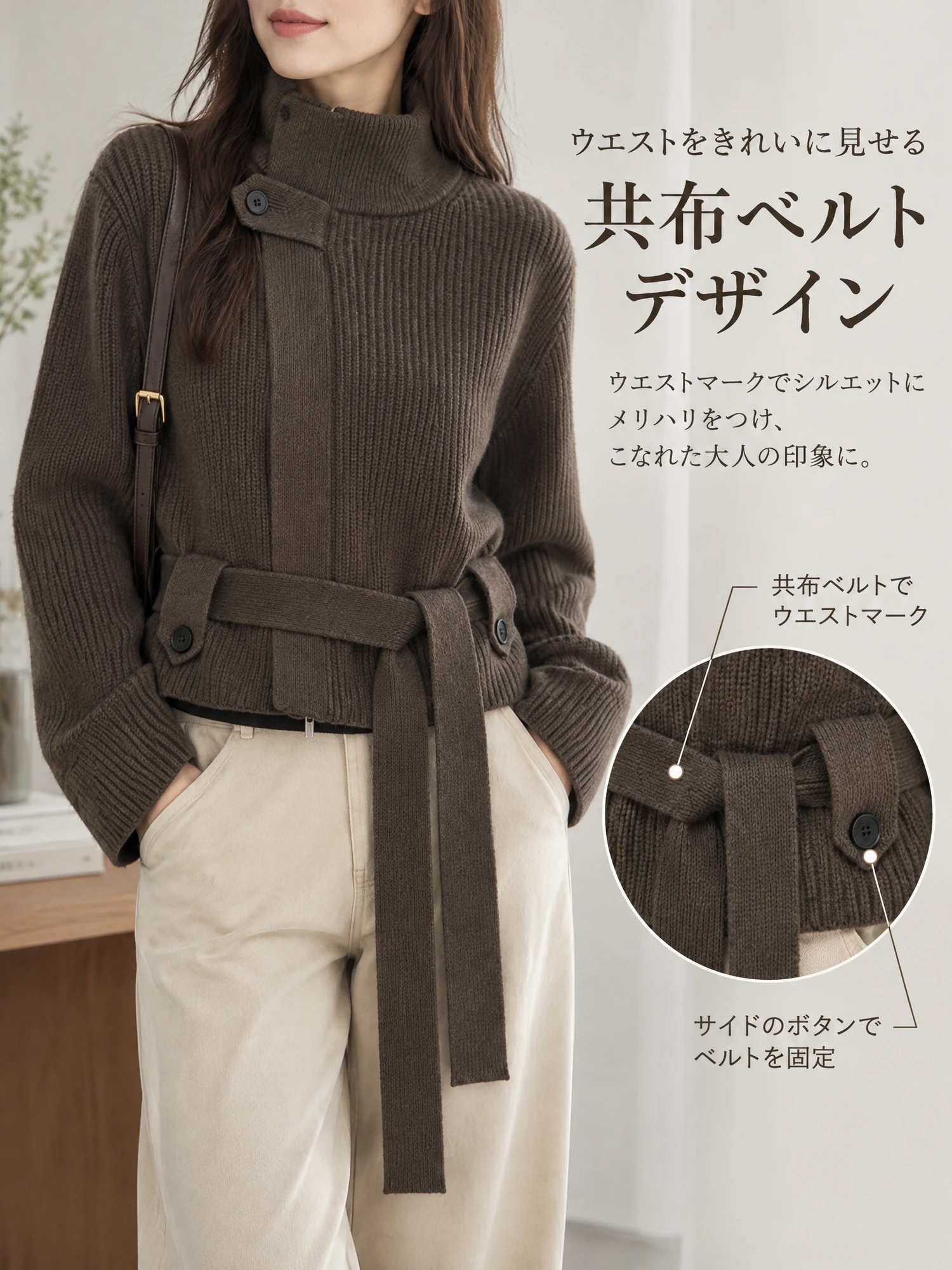 【スタンドカラー ウエストリボンニットアウター すっきり上品トップス】
