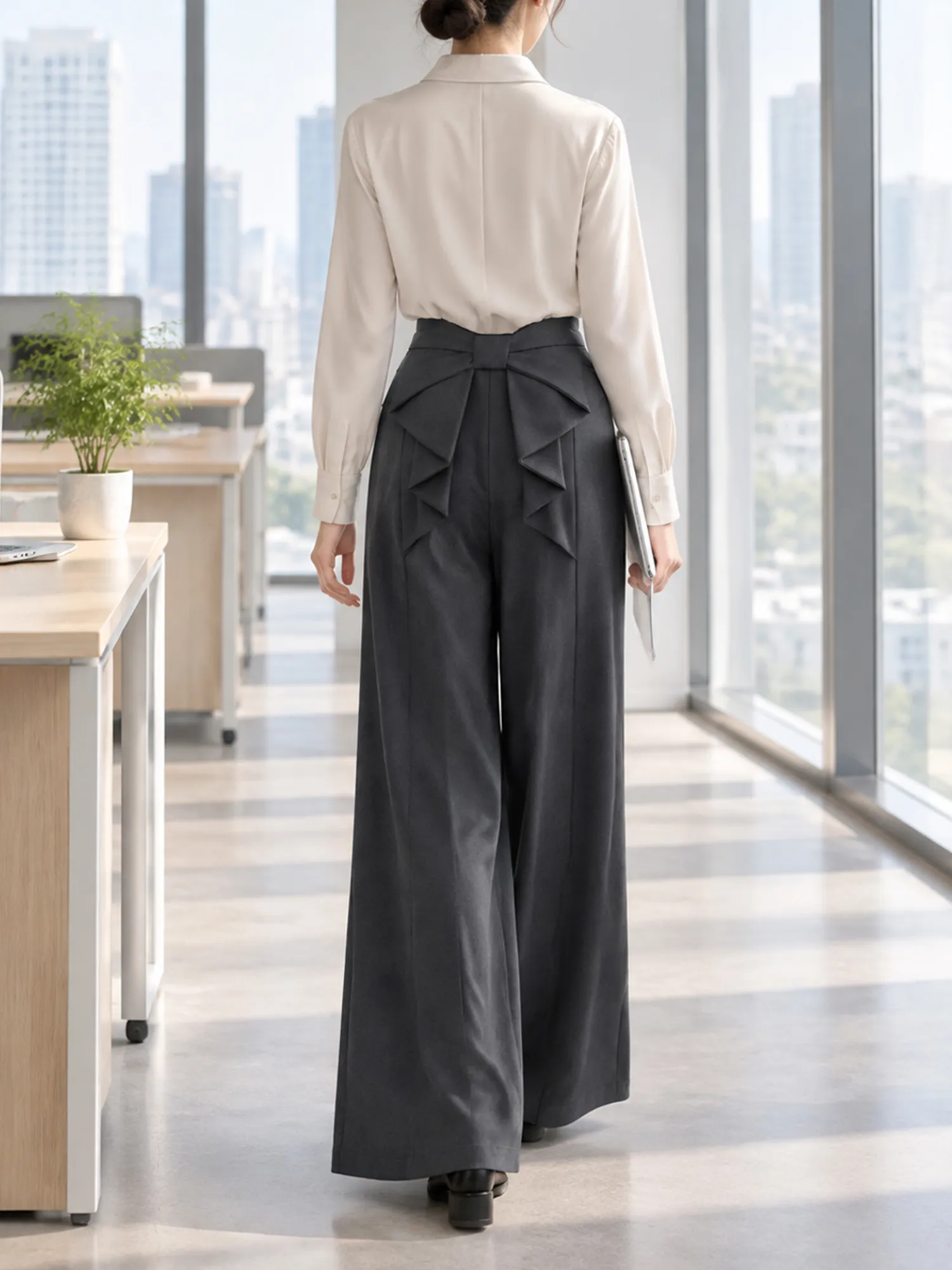 【 バックリボン付きハイウエストストレートワイドパンツ】