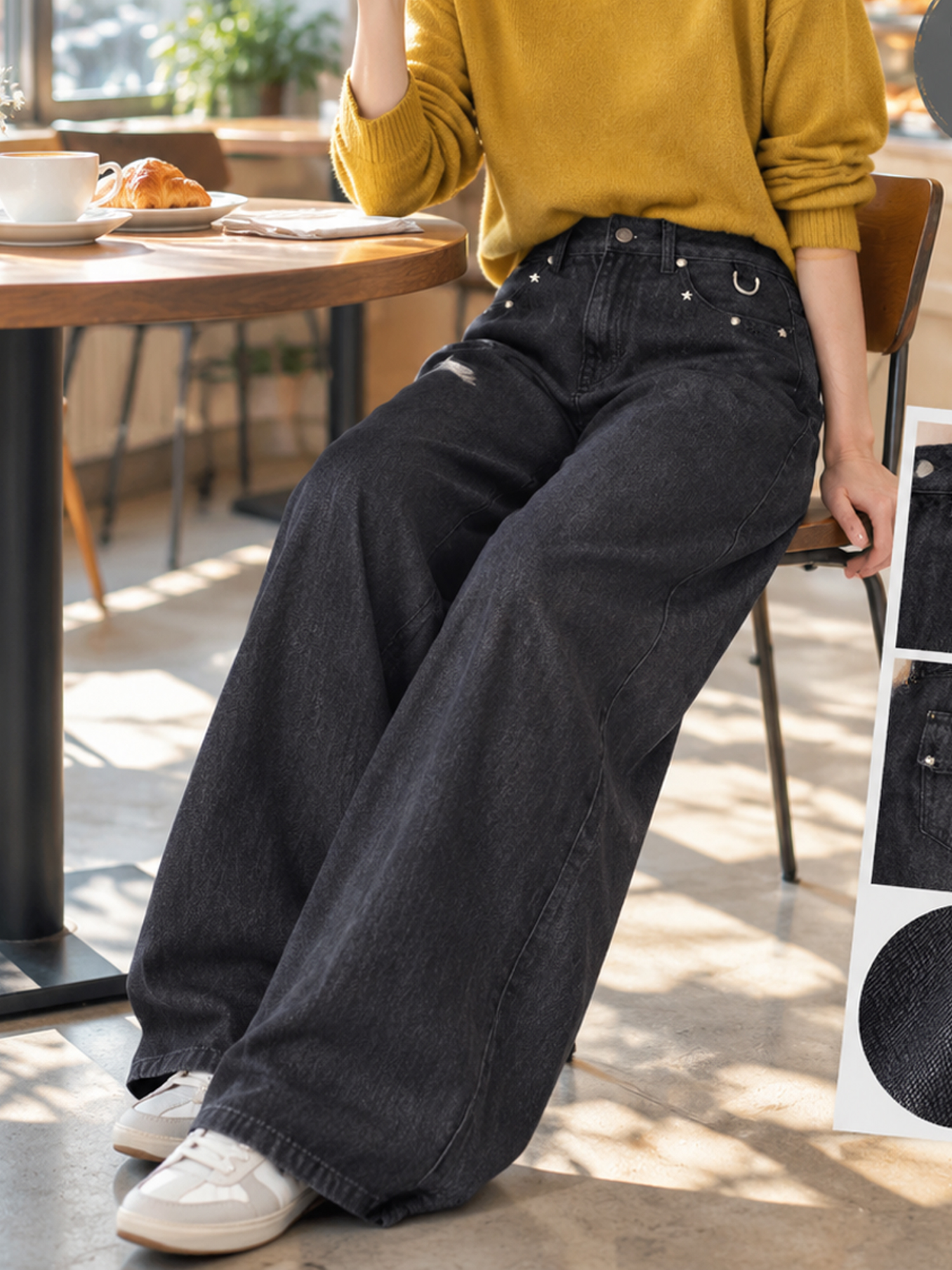 【ウォッシュ加工 ハイウエスト スタッズデザイン ストレートデニムパンツ】