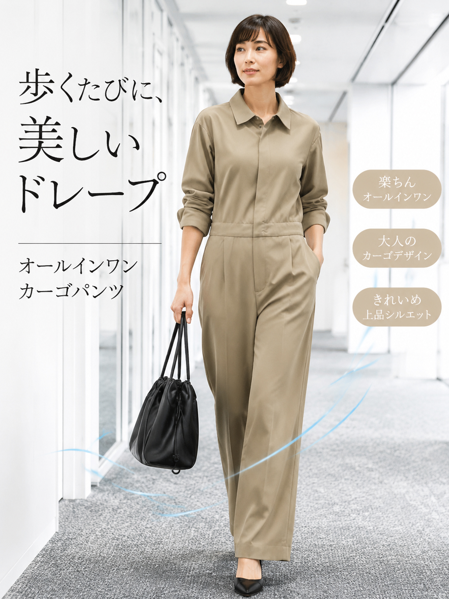 【ヴィンテージ風ポケット付きワークテイストオールインワン】デザインの着想は、「体型カバーをリラックス感の中に自然に取り入れること」。