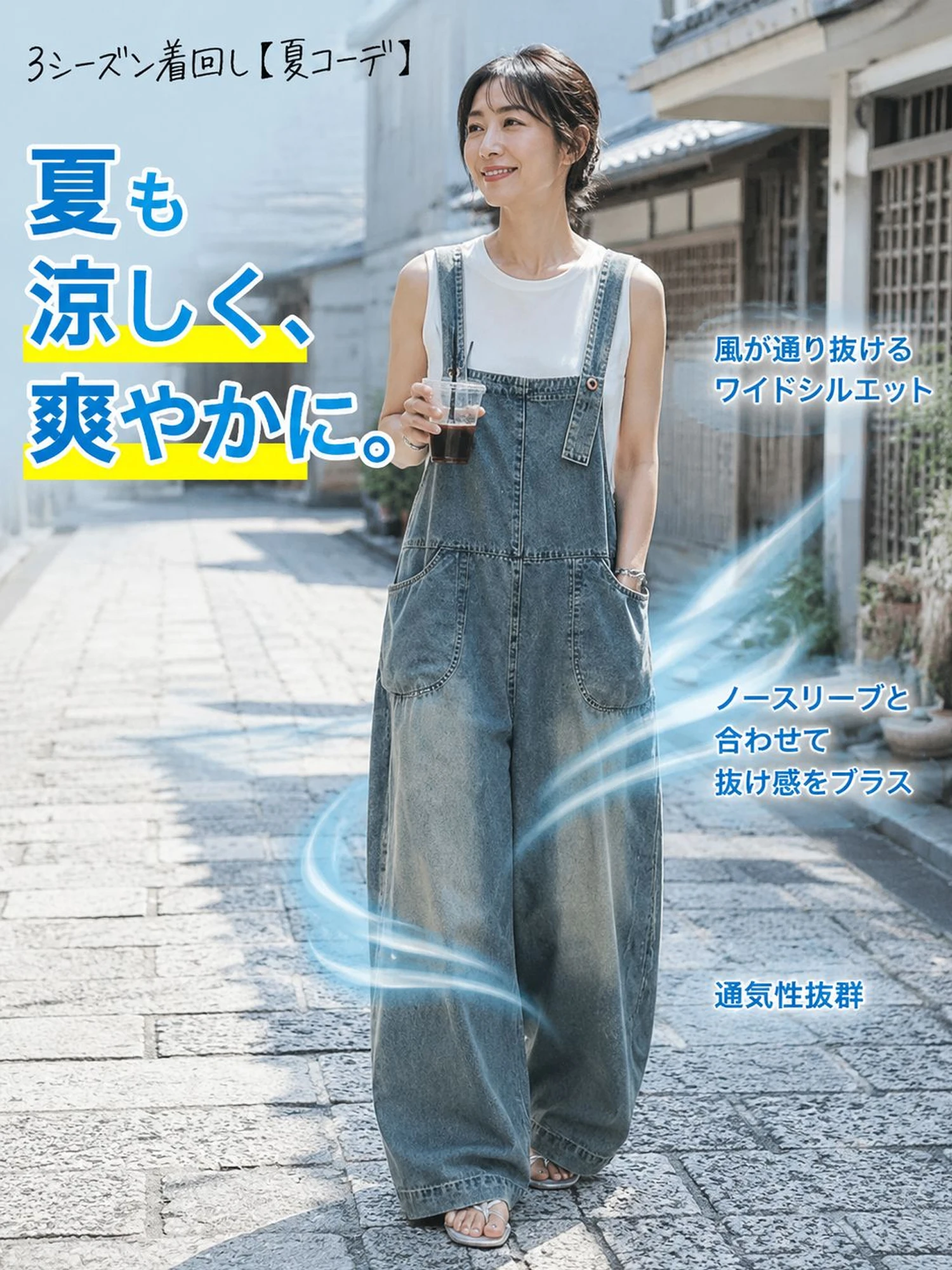 【ゆったりとしたルーズフィットデニムオーバーオール】