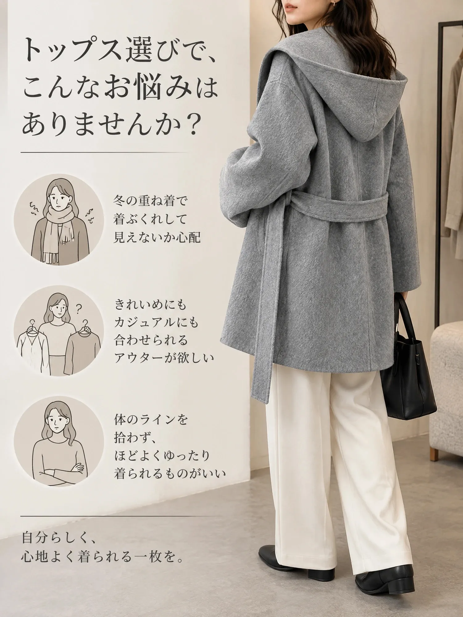 【フード付き ダブルフェイス ウールミドル丈コート】