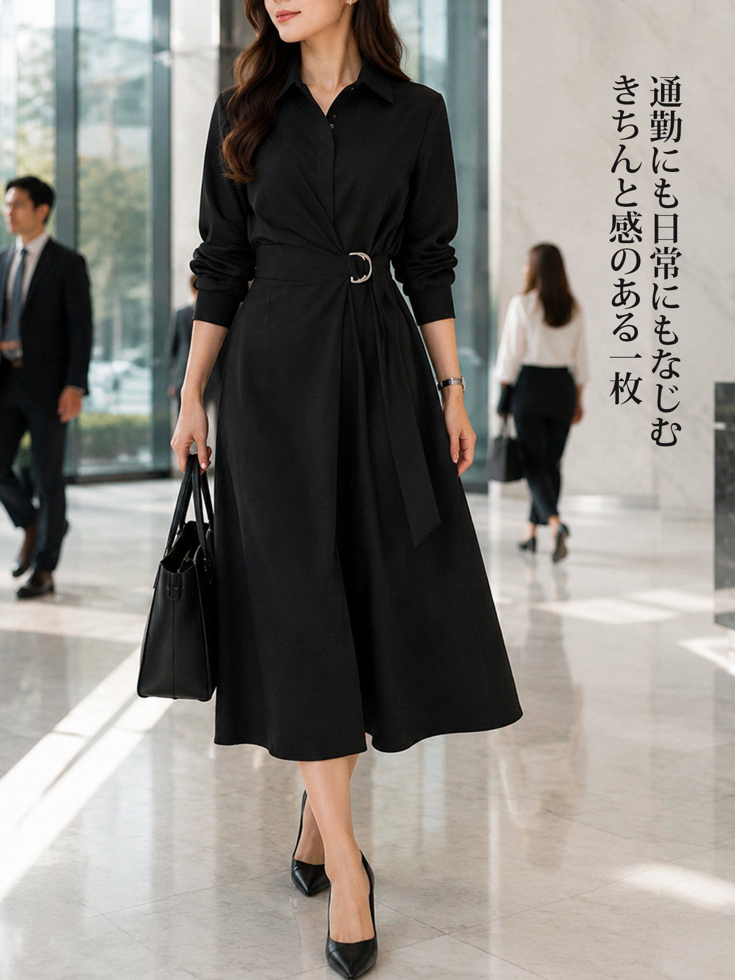 【日系コットンリネン丸首プルオーバーワンピース】 胸下のハイウエストギャザーとふんわり広がるスカートで、お腹まわりや脚のラインを自然にカバー。リラックス感と通気性のよい快適な着心地を両立。