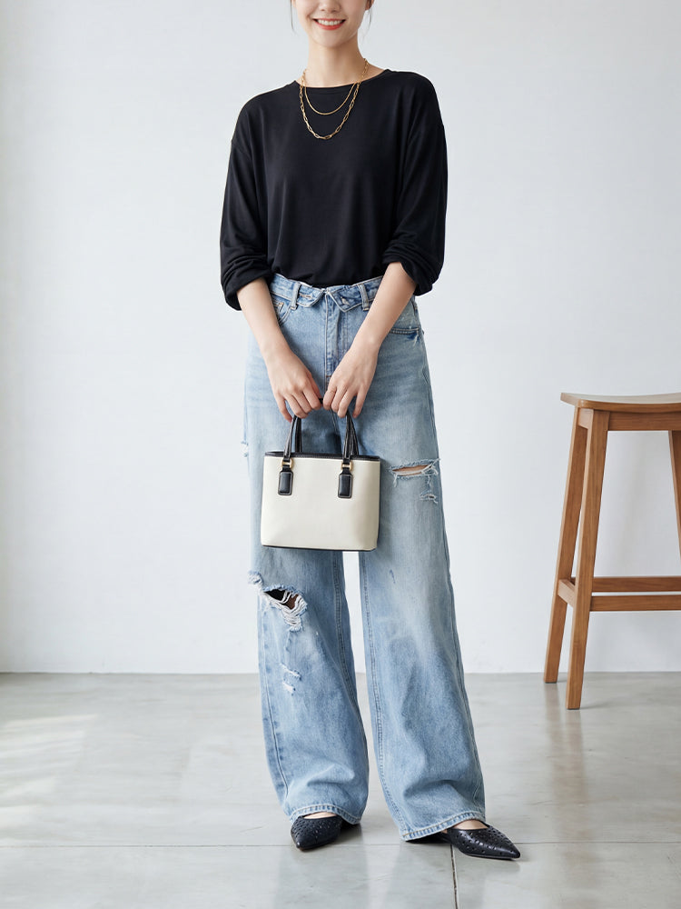 【ヴィンテージウォッシュ デニムワイドパンツ】 ウォッシュ加工＆ダメージ ゆったりシルエット すっきり見え