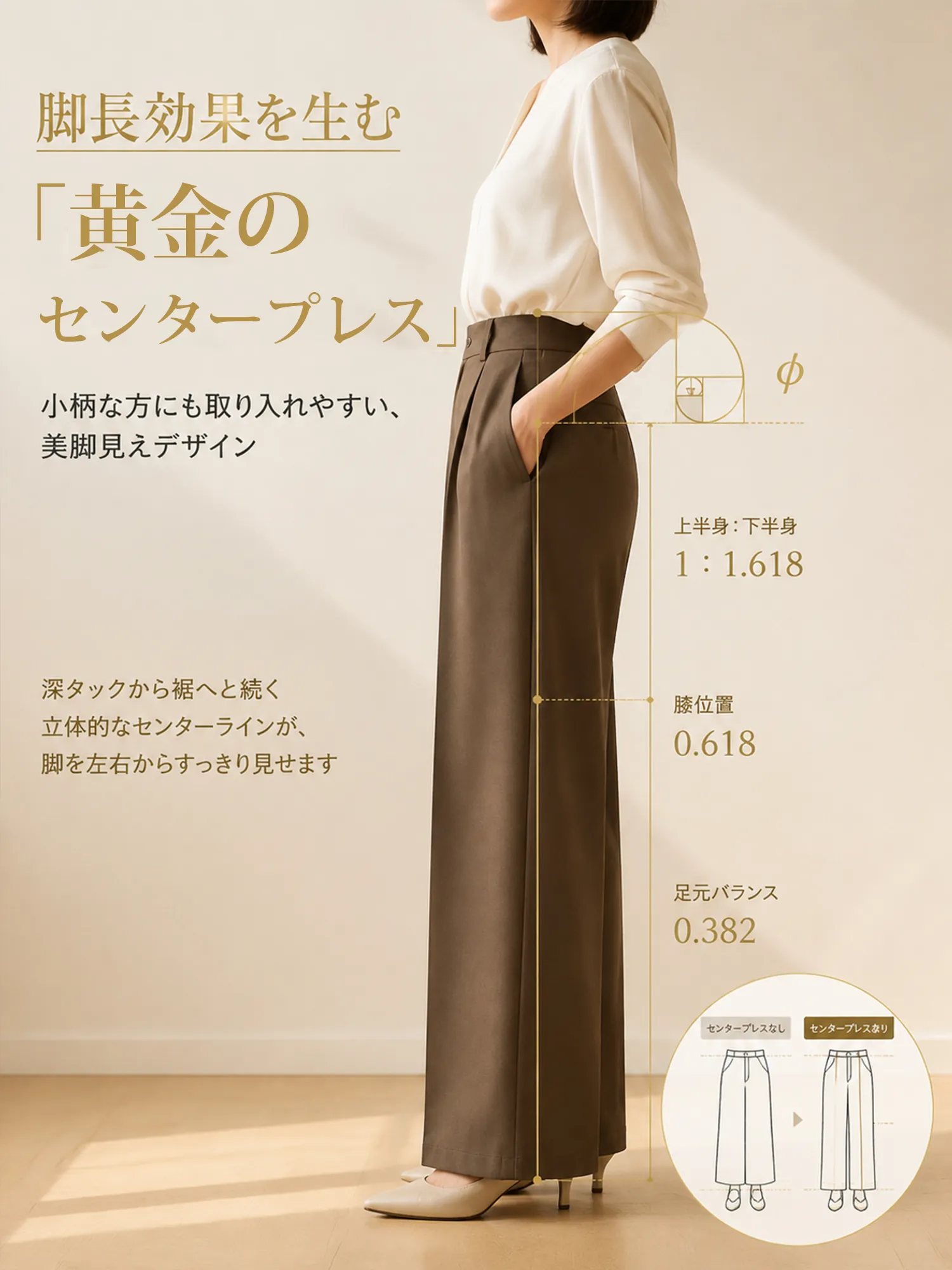【ダレ感プリーツゆとりワイドパンツ】スーツの高さをキープする「インタック」を採用し、お腹を押さえて少し突き出し、骨盤を横に広げるようにしました。