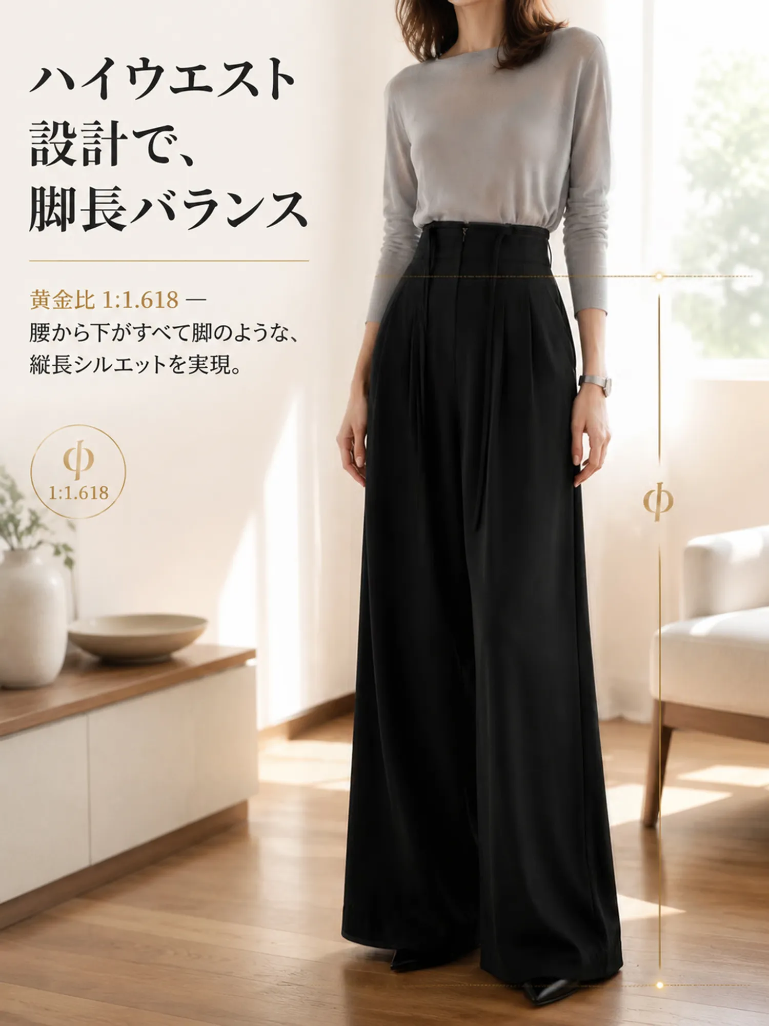【防シワ ドローストリングデザイン ハイウエストドレープスラックス】