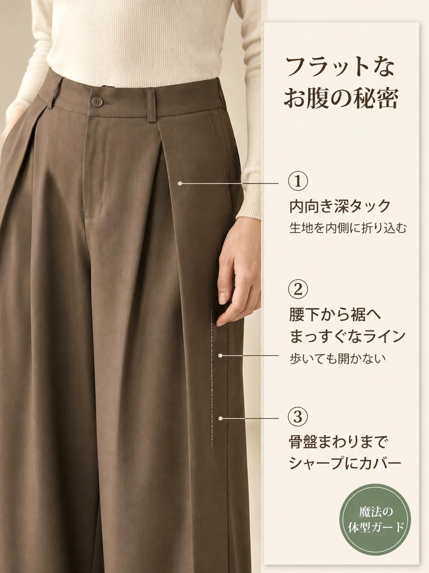 【ダレ感プリーツゆとりワイドパンツ】スーツの高さをキープする「インタック」を採用し、お腹を押さえて少し突き出し、骨盤を横に広げるようにしました。