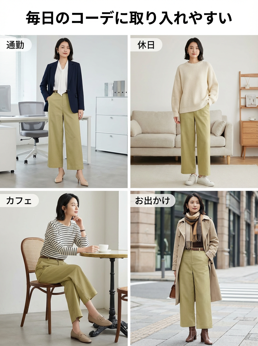 【ヴィンテージ クロップドストレートパンツ】ハイウエスト・バックポケットフラップ付き。軽やかな素材でスタイルアップ、通勤にも上品さをプラス