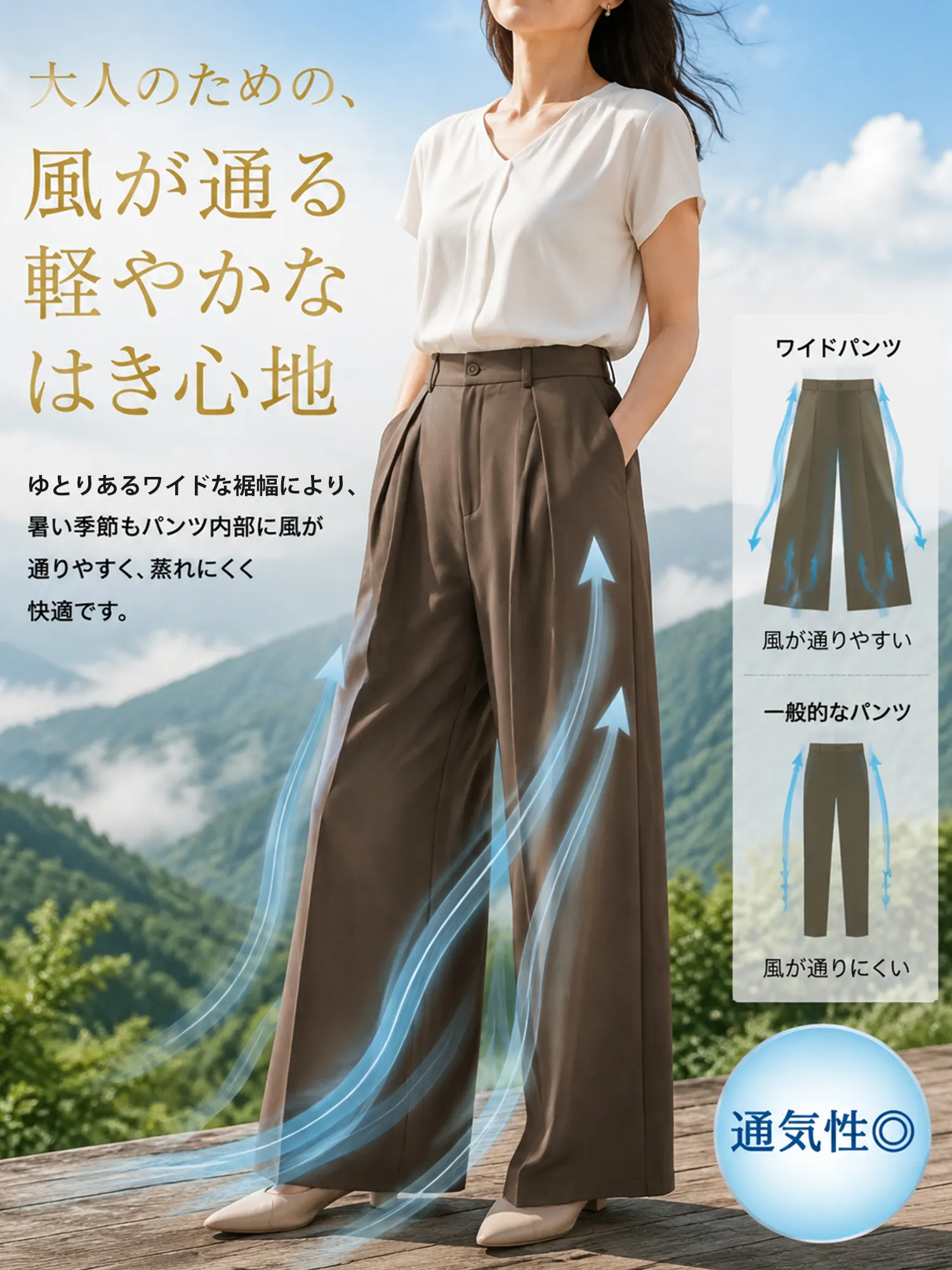 【ダレ感プリーツゆとりワイドパンツ】スーツの高さをキープする「インタック」を採用し、お腹を押さえて少し突き出し、骨盤を横に広げるようにしました。