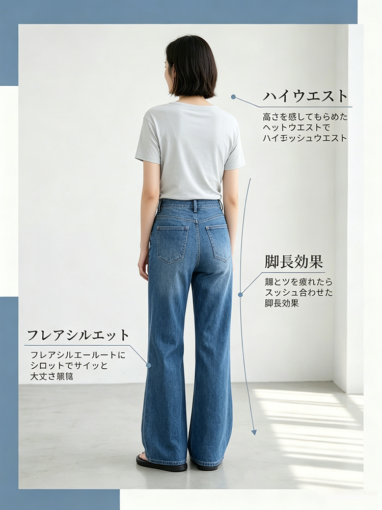 【ドレープハイウエスト微フレアジーンズ】柔らか素材・シワ知らず・脚に貼りつかない・脚長補正・万能シーン対応