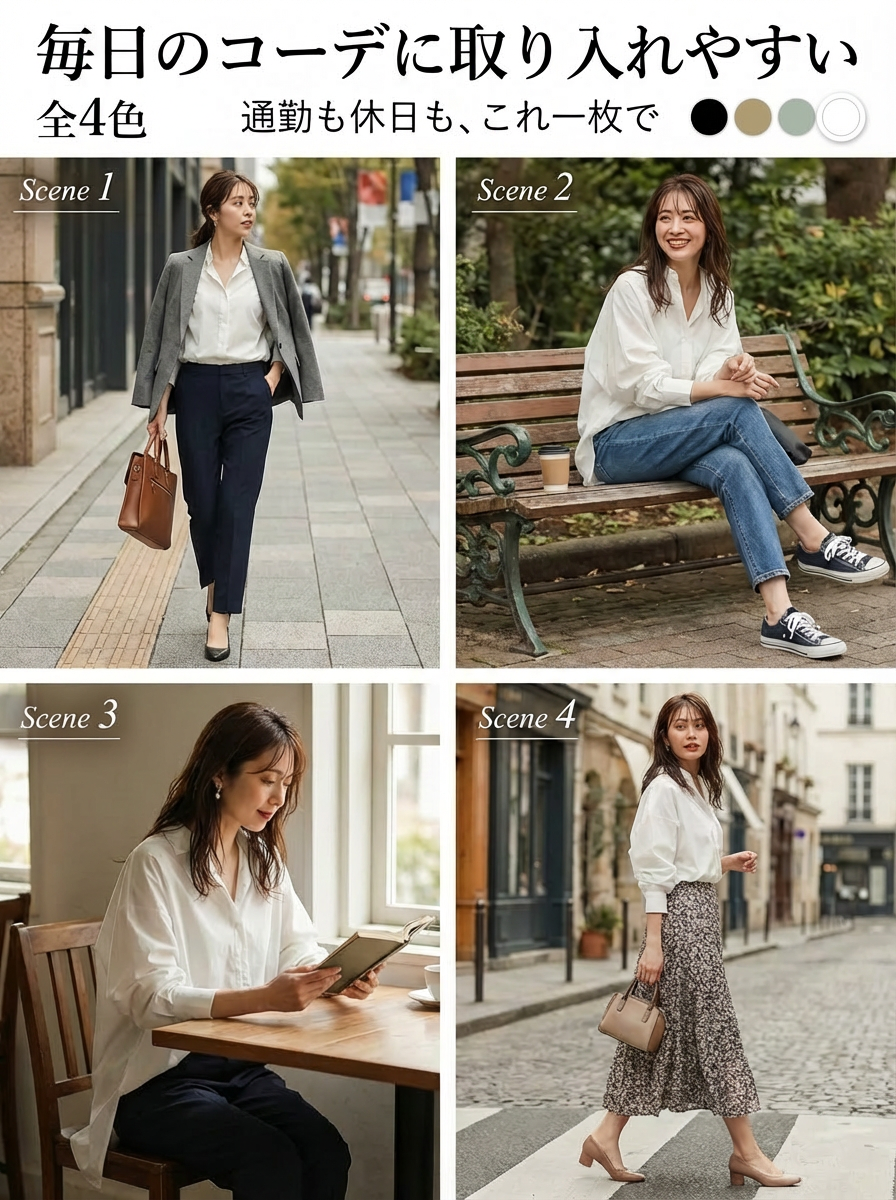 【ドルマンスリーブロングシャツ】スタンドカラー、前短後長スリット、ゆったりシルエットでストレスフリー、上品で合わせやすい