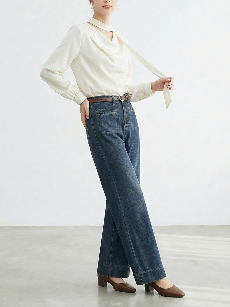 【ハイウエストスリムストレートデニムパンツ】 ハイウエストデザインで低身長さんに最適、 スラッと脚長効果でスタイルアップ"