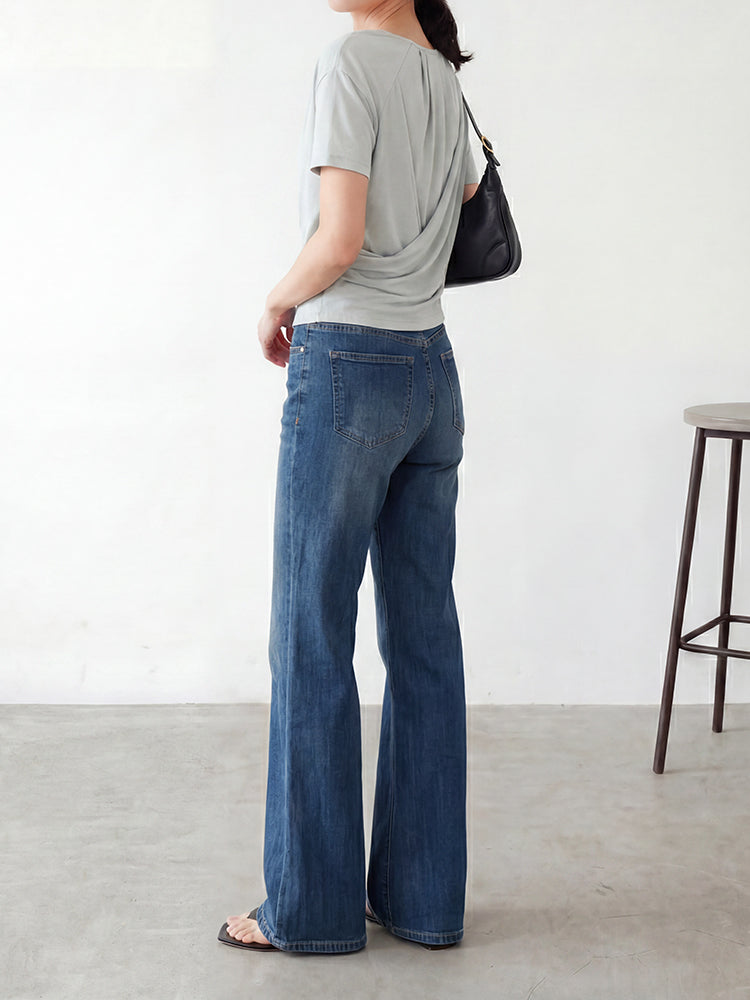 【ドレープハイウエスト微フレアジーンズ】柔らか素材・シワ知らず・脚に貼りつかない・脚長補正・万能シーン対応