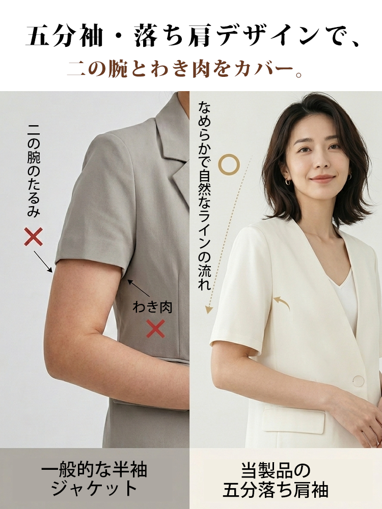 【アセテートサテン半袖ジャケット】すっきりとしたノーカラーディープVと、ゆったりとした五分袖のシルエットが、二の腕を優しくカバーしながら、ペーパーライクなほどに洗練された姿を彫り出します。