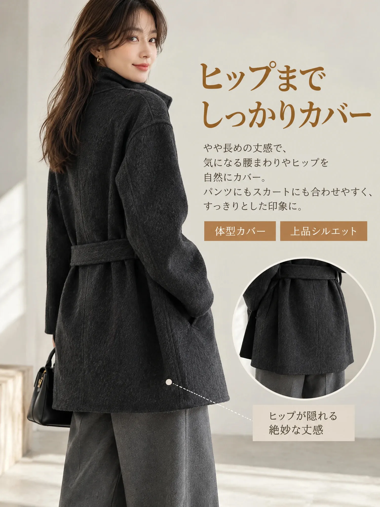 【特価】定番売れ筋 秋冬物 スタンドカラー 高級感 ゆるっと 厚手 ミドル丈 ダブルフェイスウールコート