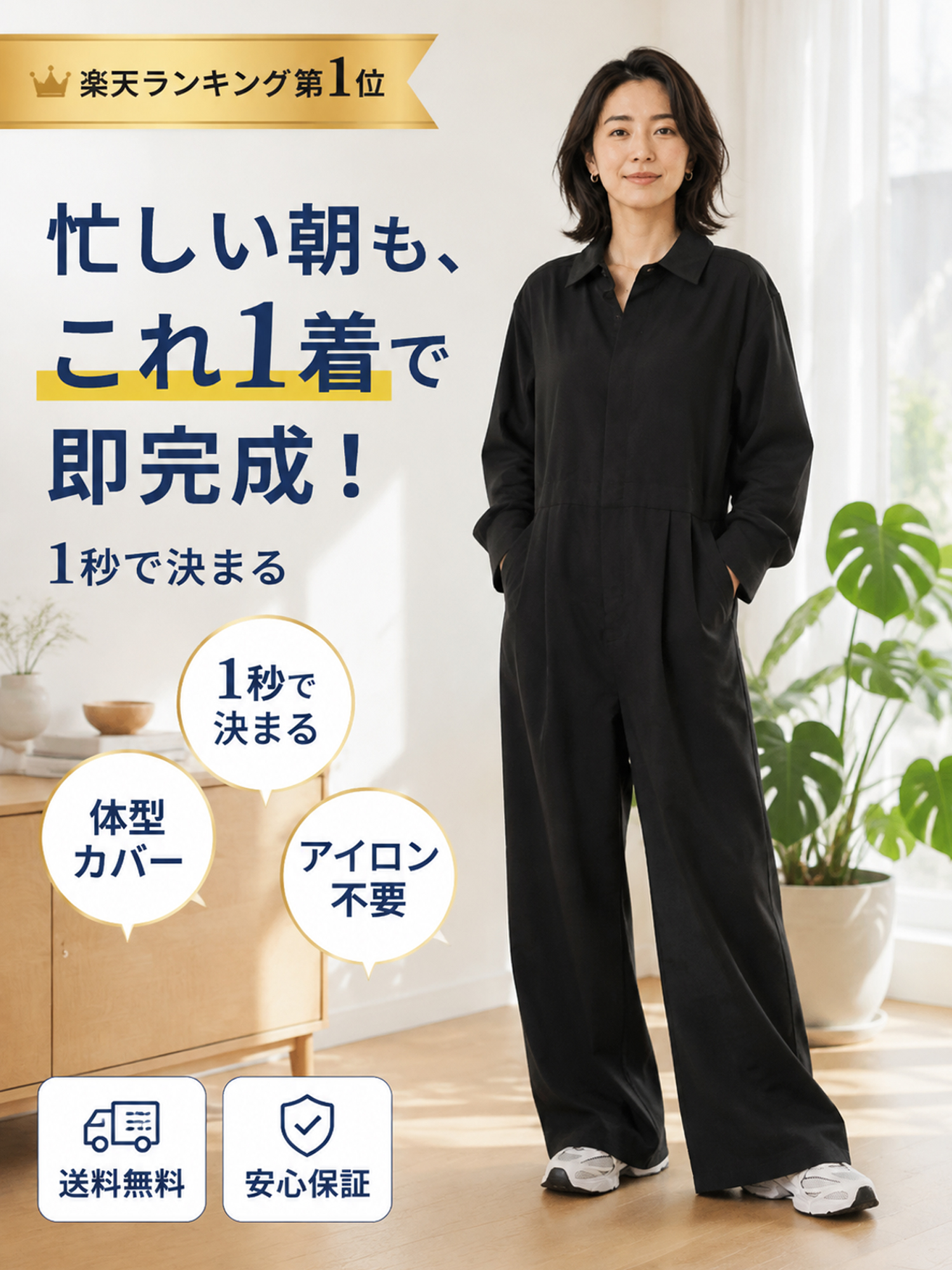 【ヴィンテージ風ポケット付きワークテイストオールインワン】デザインの着想は、「体型カバーをリラックス感の中に自然に取り入れること」。