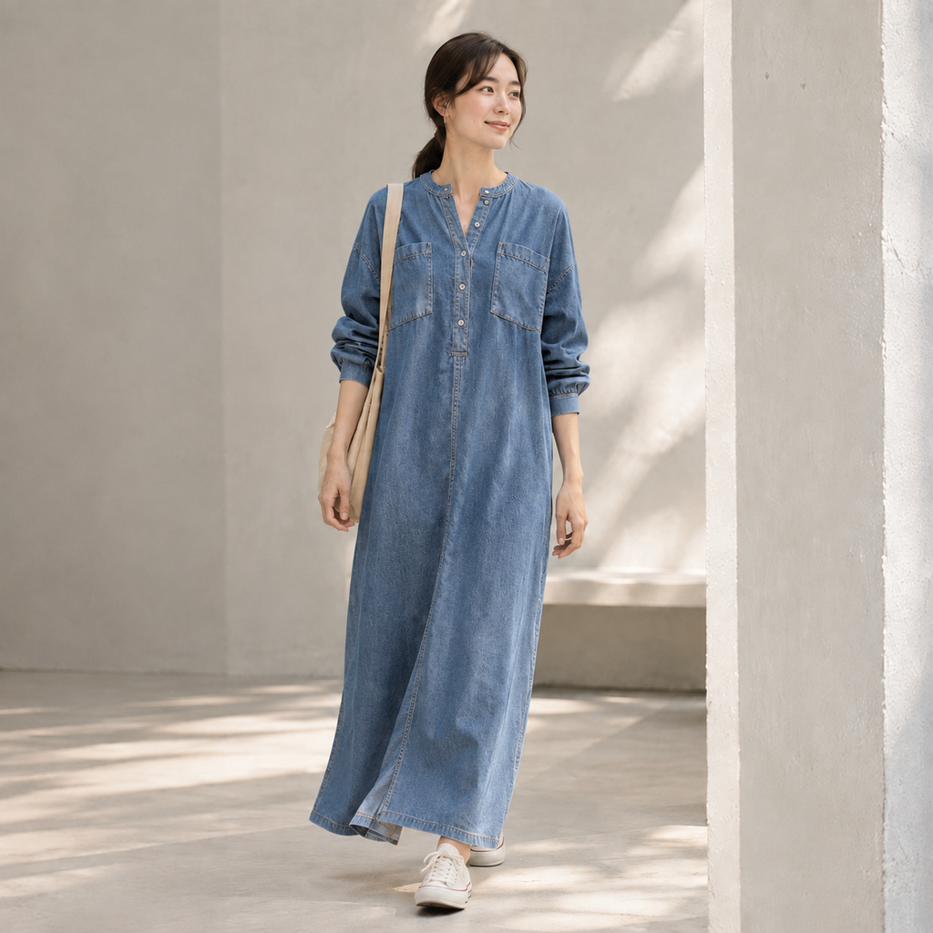 【ヴィンテージ風ルーズデニムシャツワンピース】ゆったりとしたストレートシルエットが、ウエスト・ヒップ・脚のラインを自然にカバー