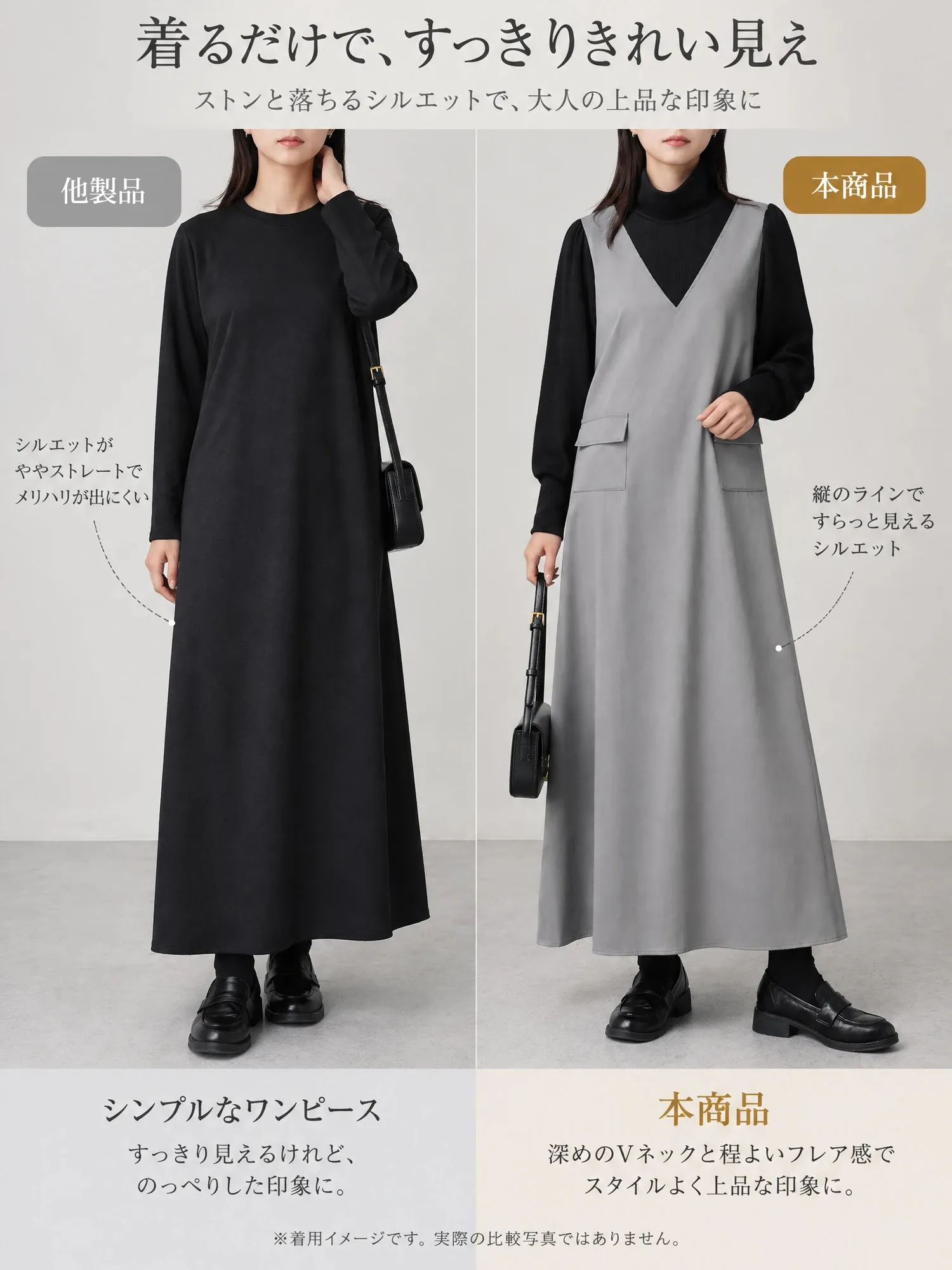 【切替長袖 ワークスリットワンピース】