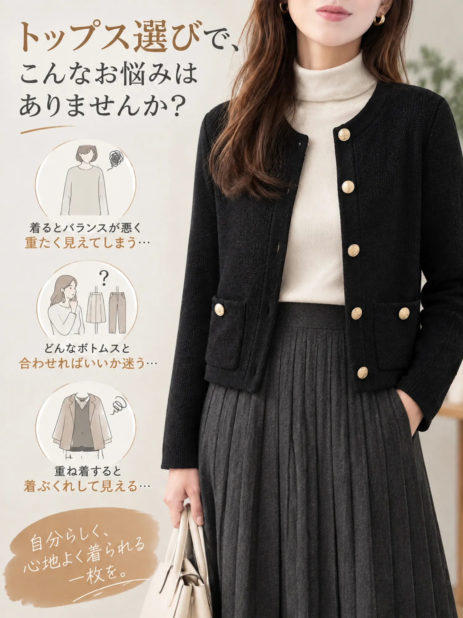 SOSOVE‐おしゃれな ゴールドボタン飾り付き ニットアウター／ニットジャケット