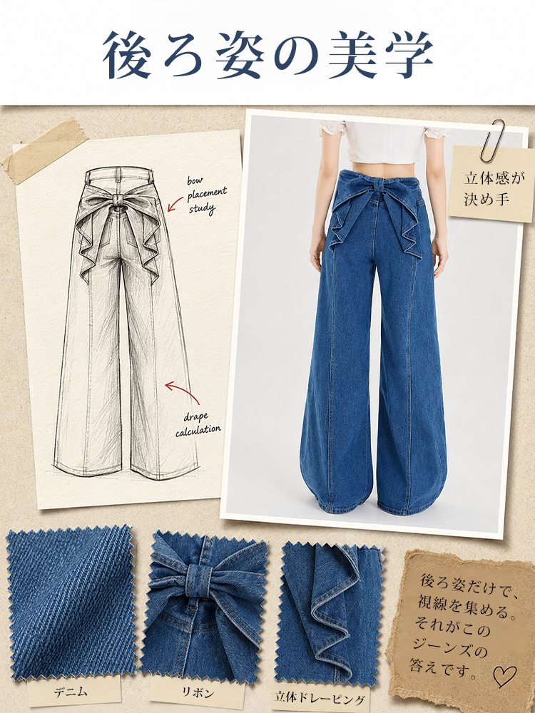 【リボン付き】ハイウエスト＆細見え効果抜群のワイドデニムパンツ。理想的なシルエットを叶えます。-sosove