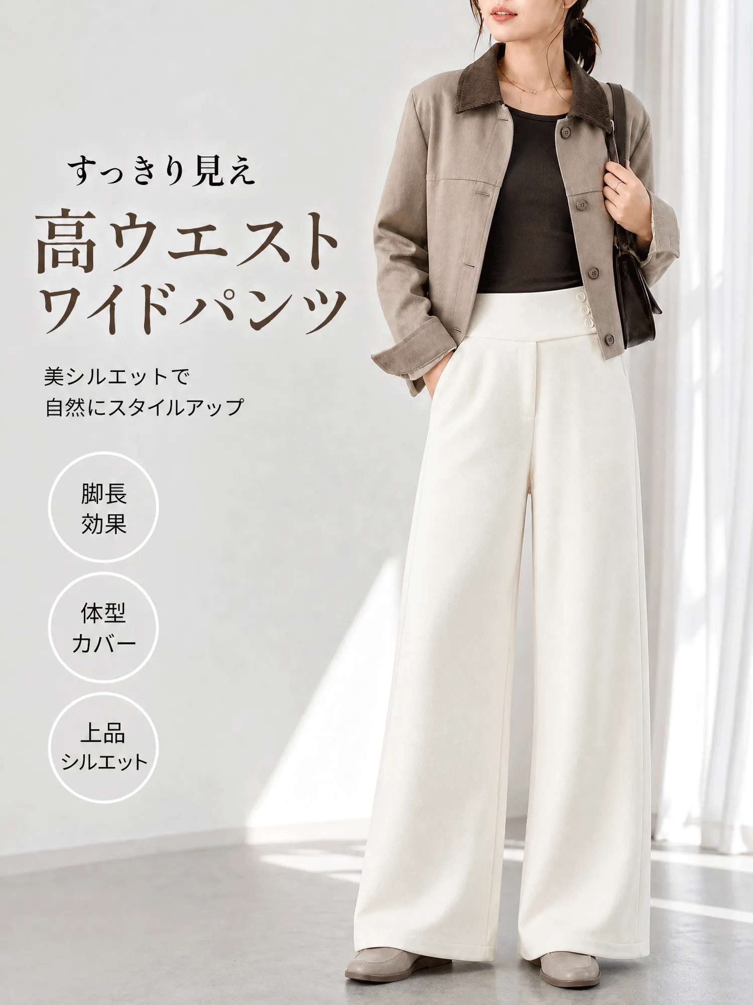 【ウールライクな落ち感ワイドスラックス · サイドボタン付きロング丈】斜めに切り替えたハイウエストで、腰まわりをすっきり